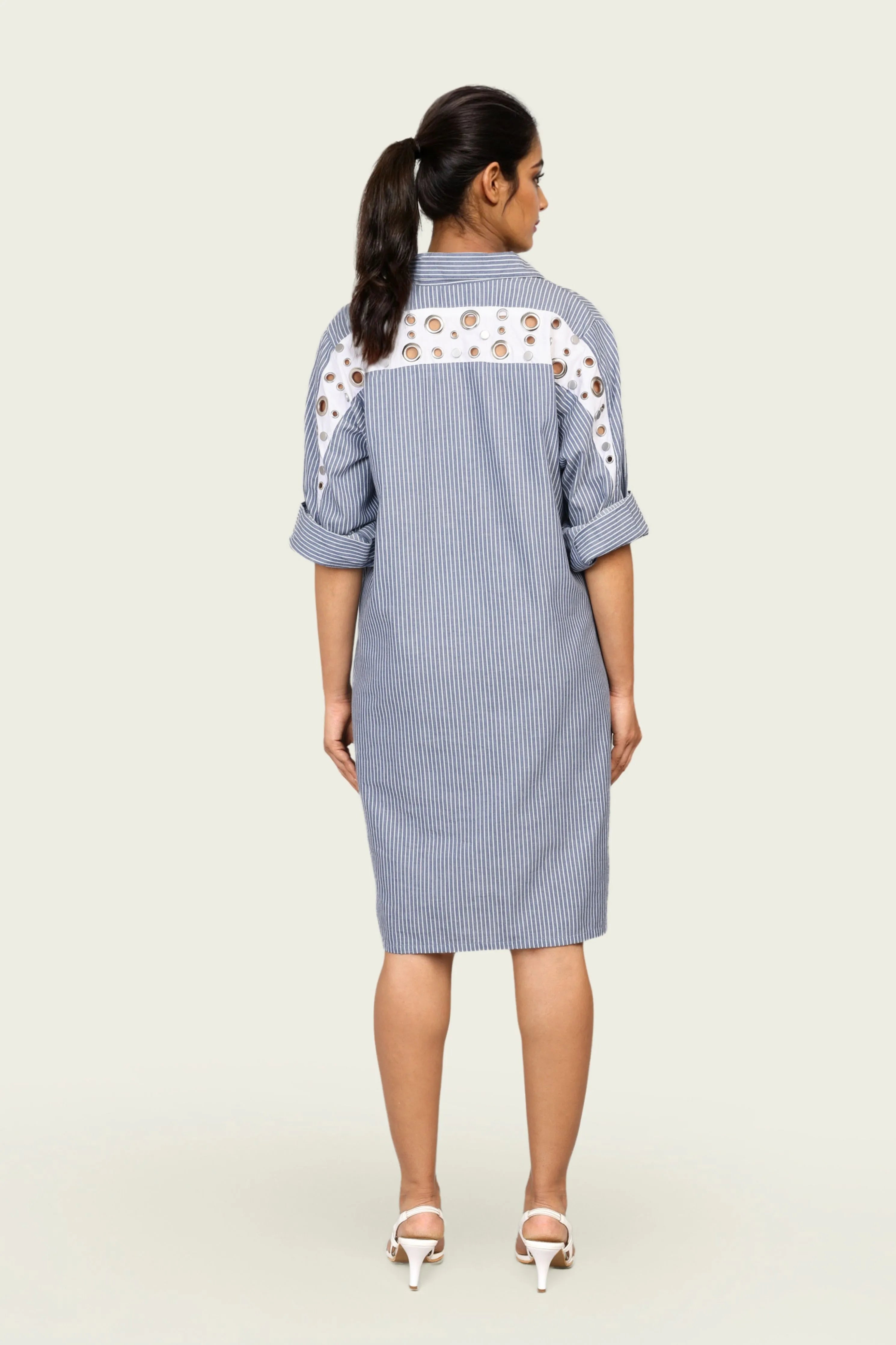 Blue and White Stripe One Piece Cotton Dress with Eyelets and Snap Buttons