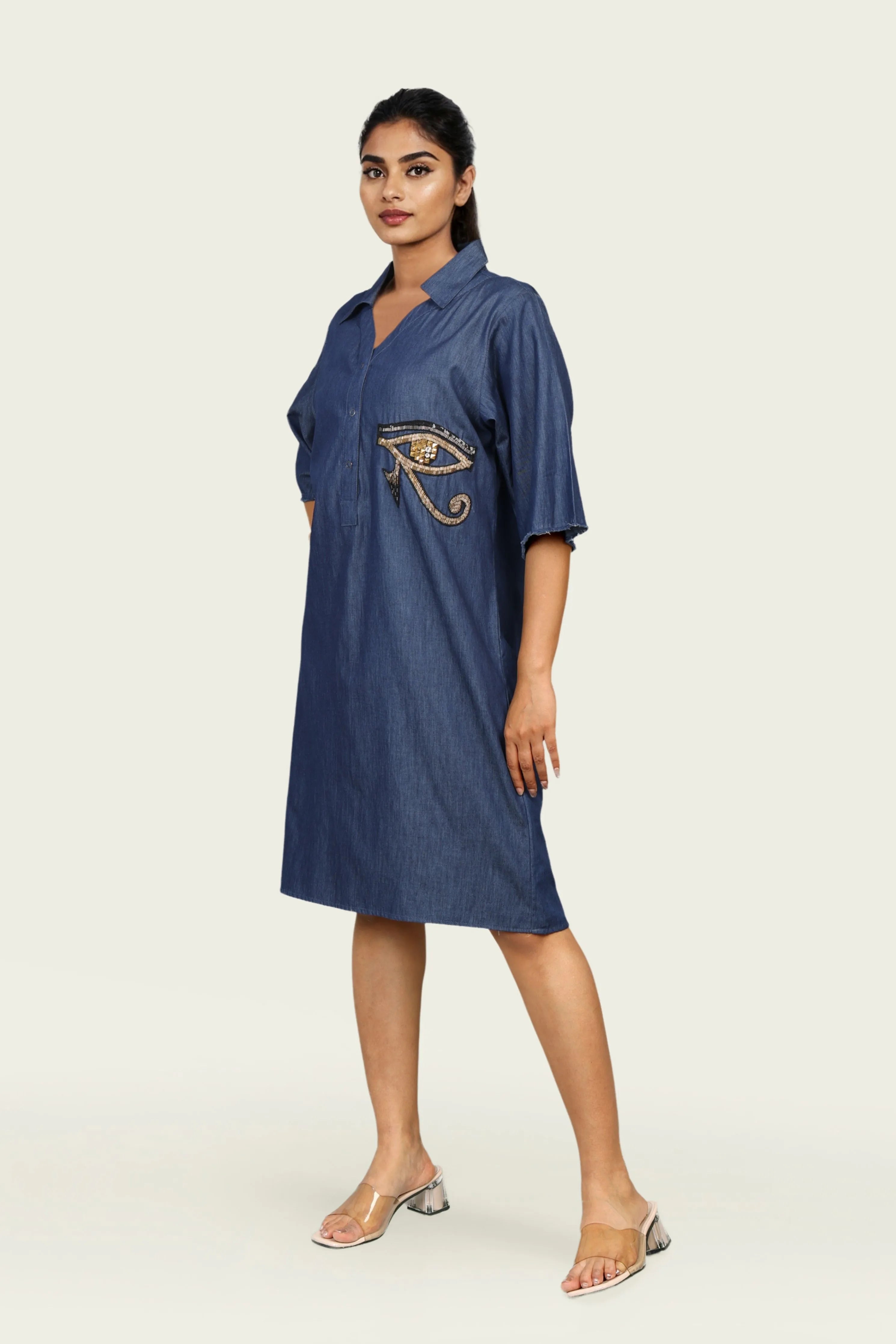 Denim Cotton One Piece Dress with Embroidery