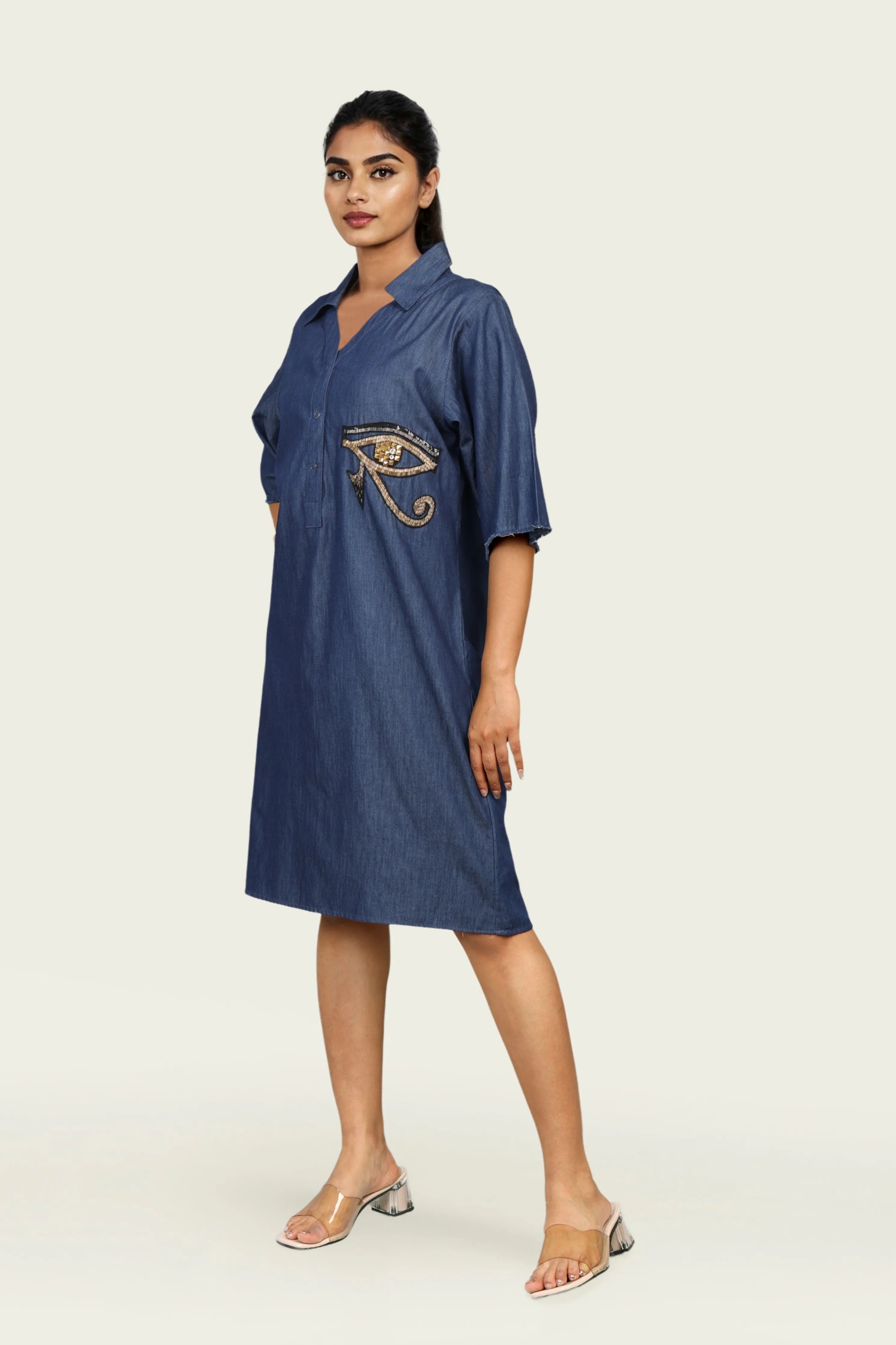 Denim Cotton One Piece Dress with Embroidery