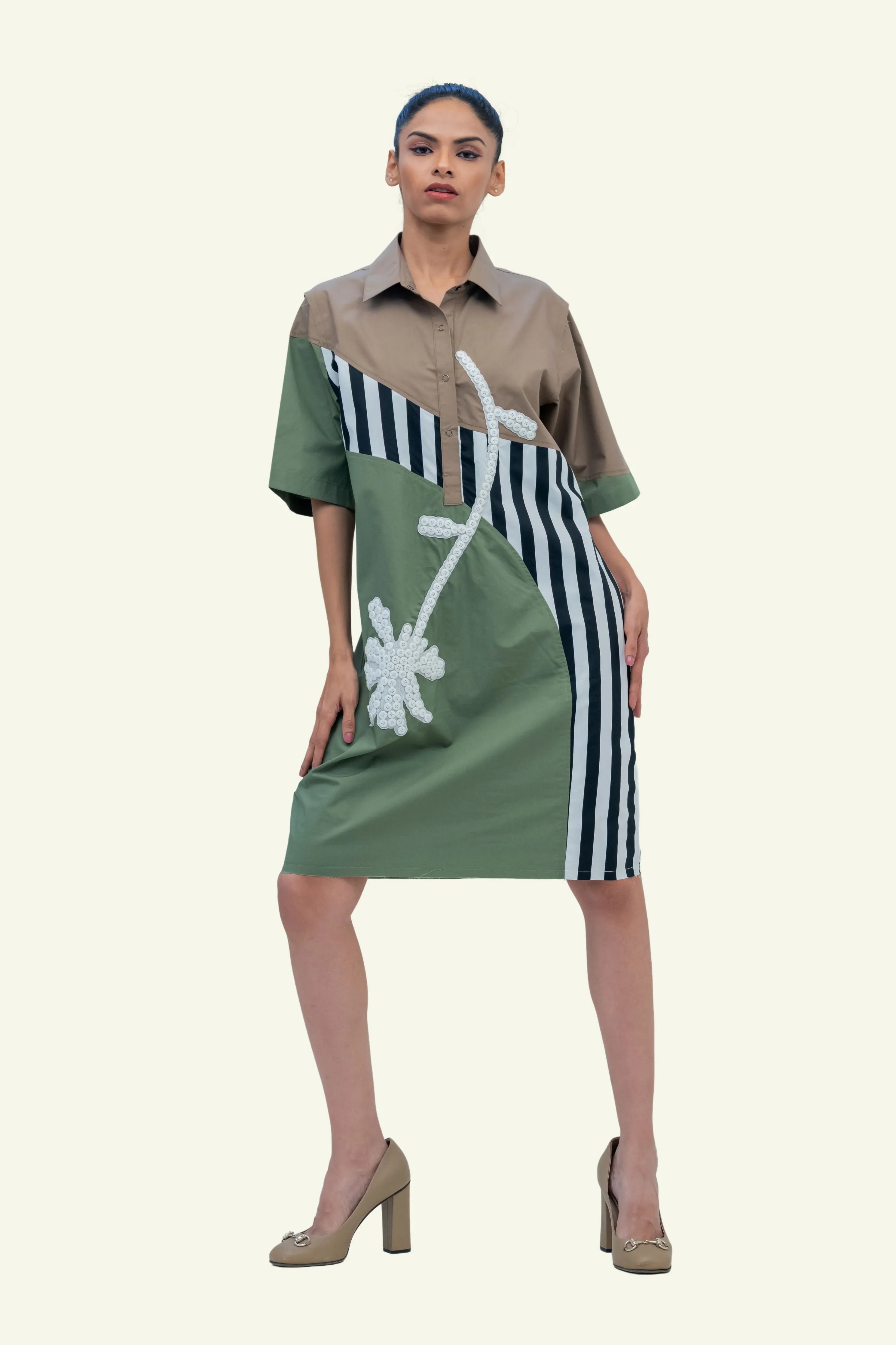 Olive Combo Cotton Dress with Embroidery