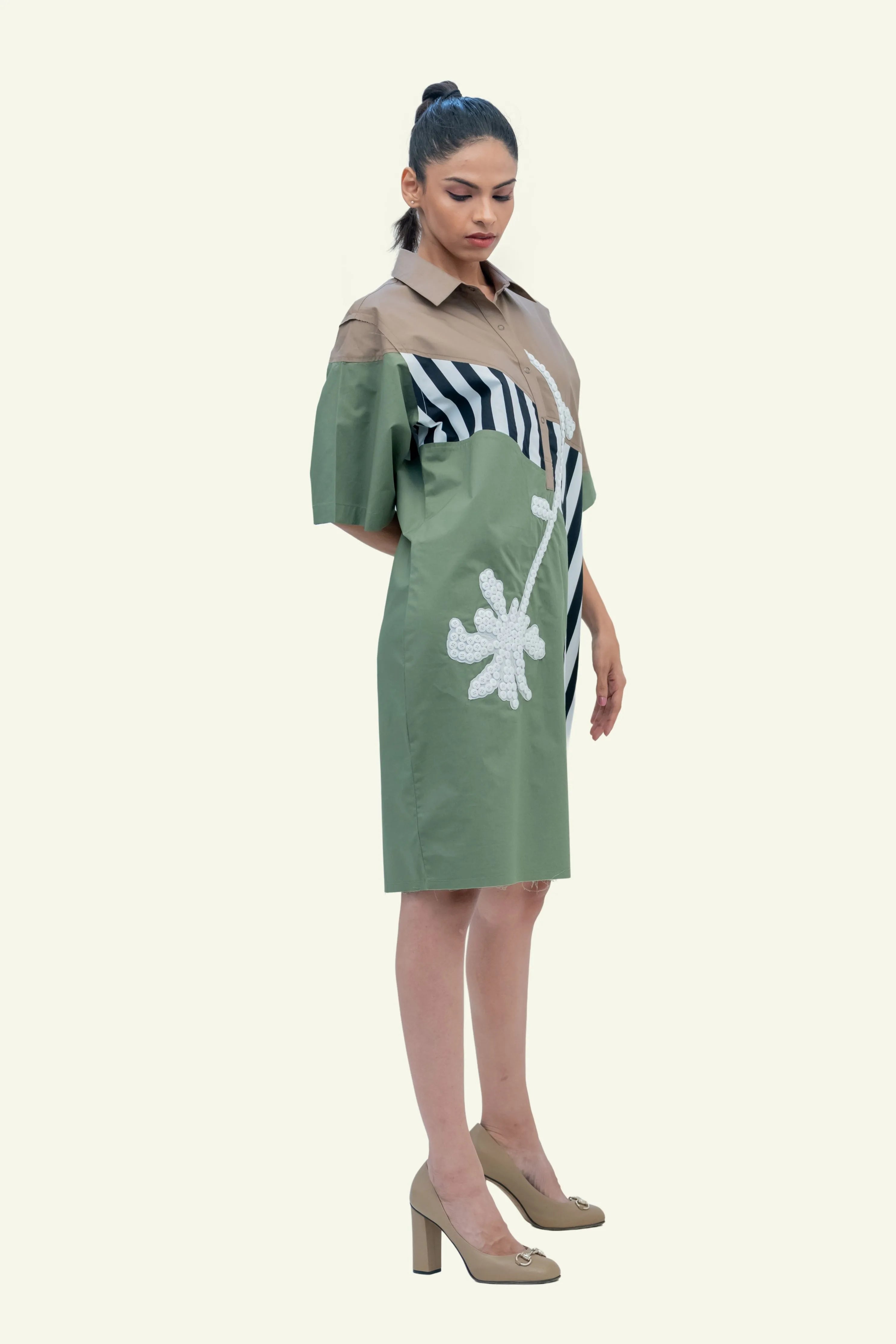 Olive Combo Cotton Dress with Embroidery