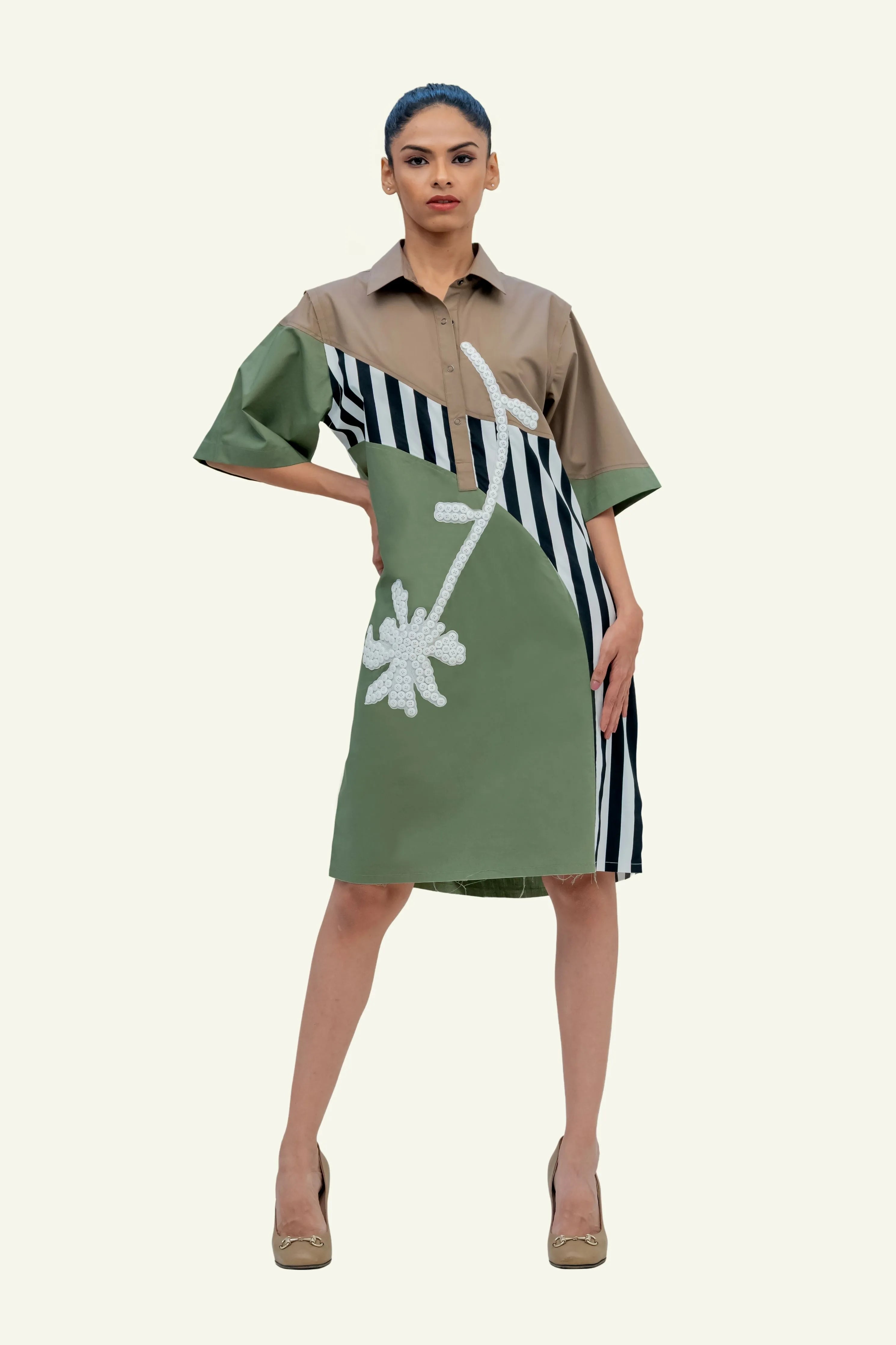 Olive Combo Cotton Dress with Embroidery