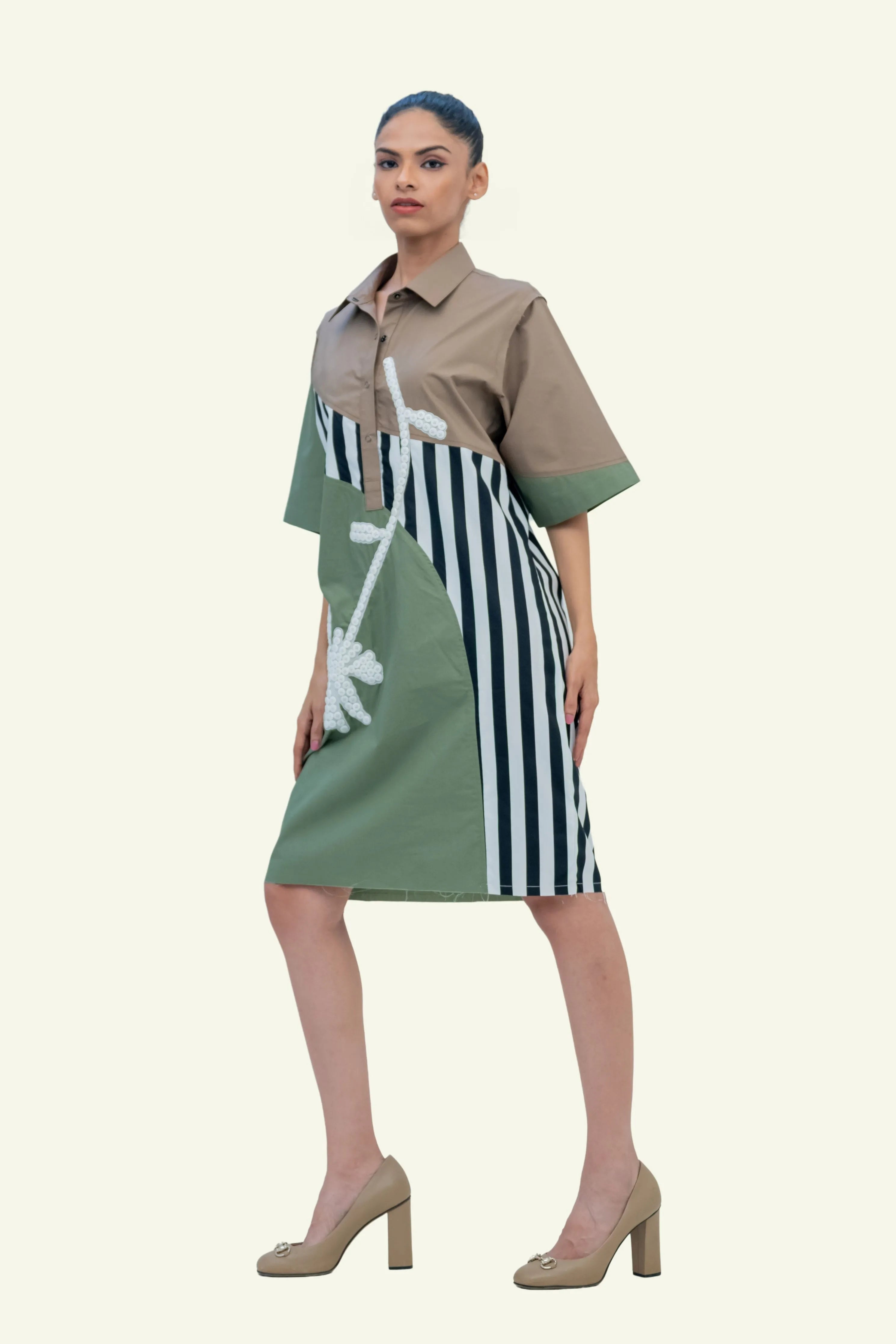 Olive Combo Cotton Dress with Embroidery