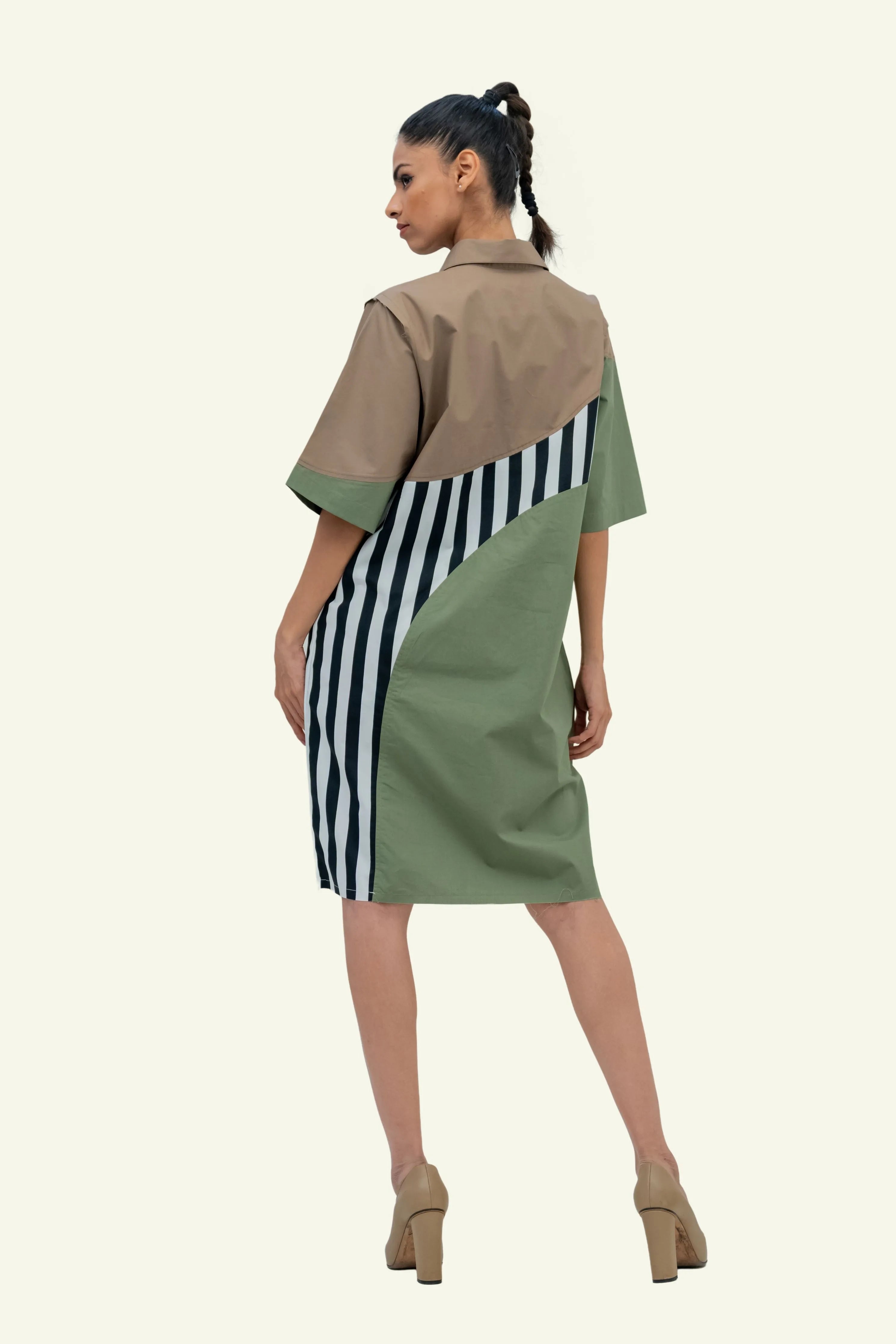 Olive Combo Cotton Dress with Embroidery