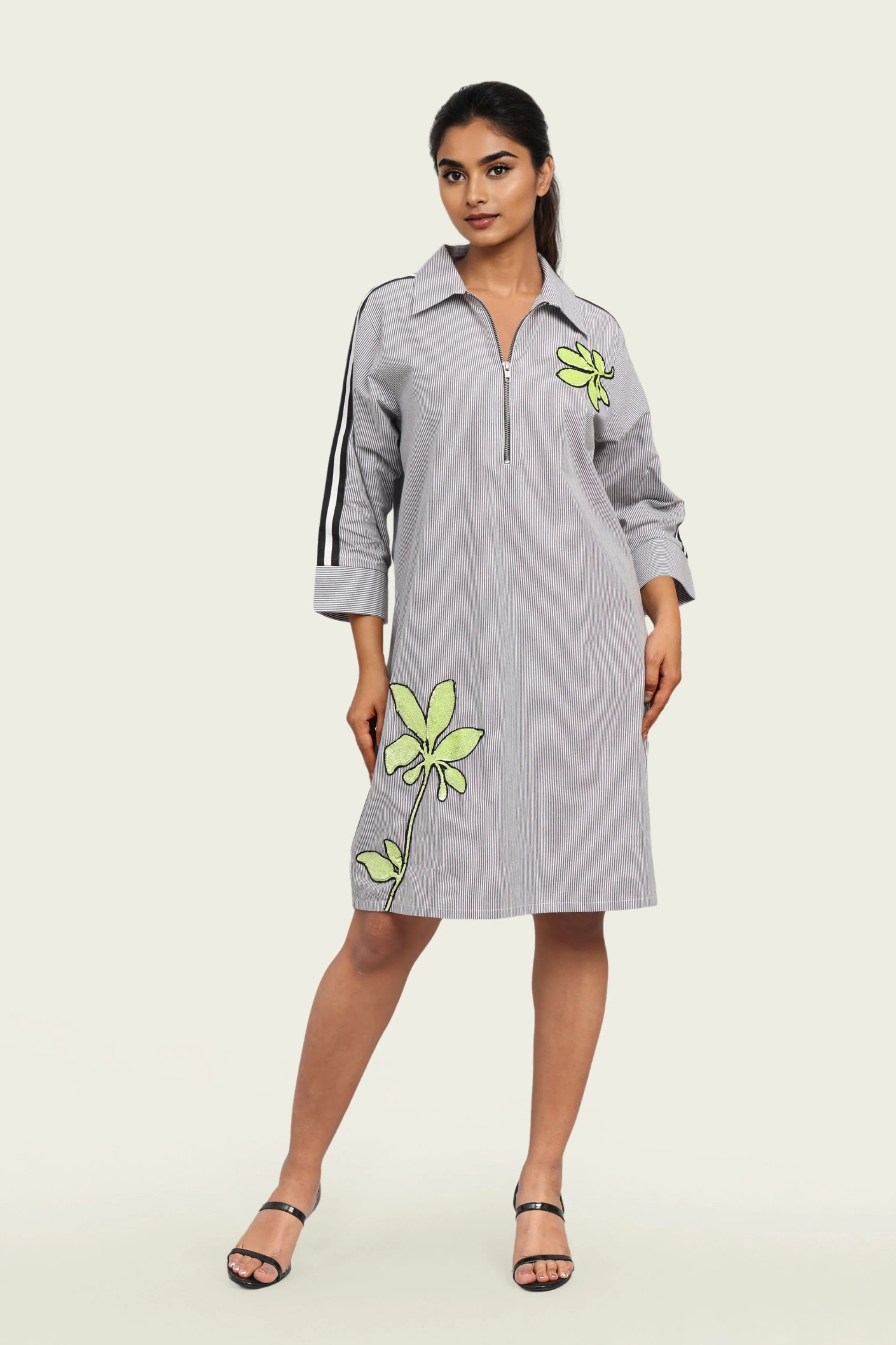 Black and White Pinstripe Cotton Dress with Embroidery