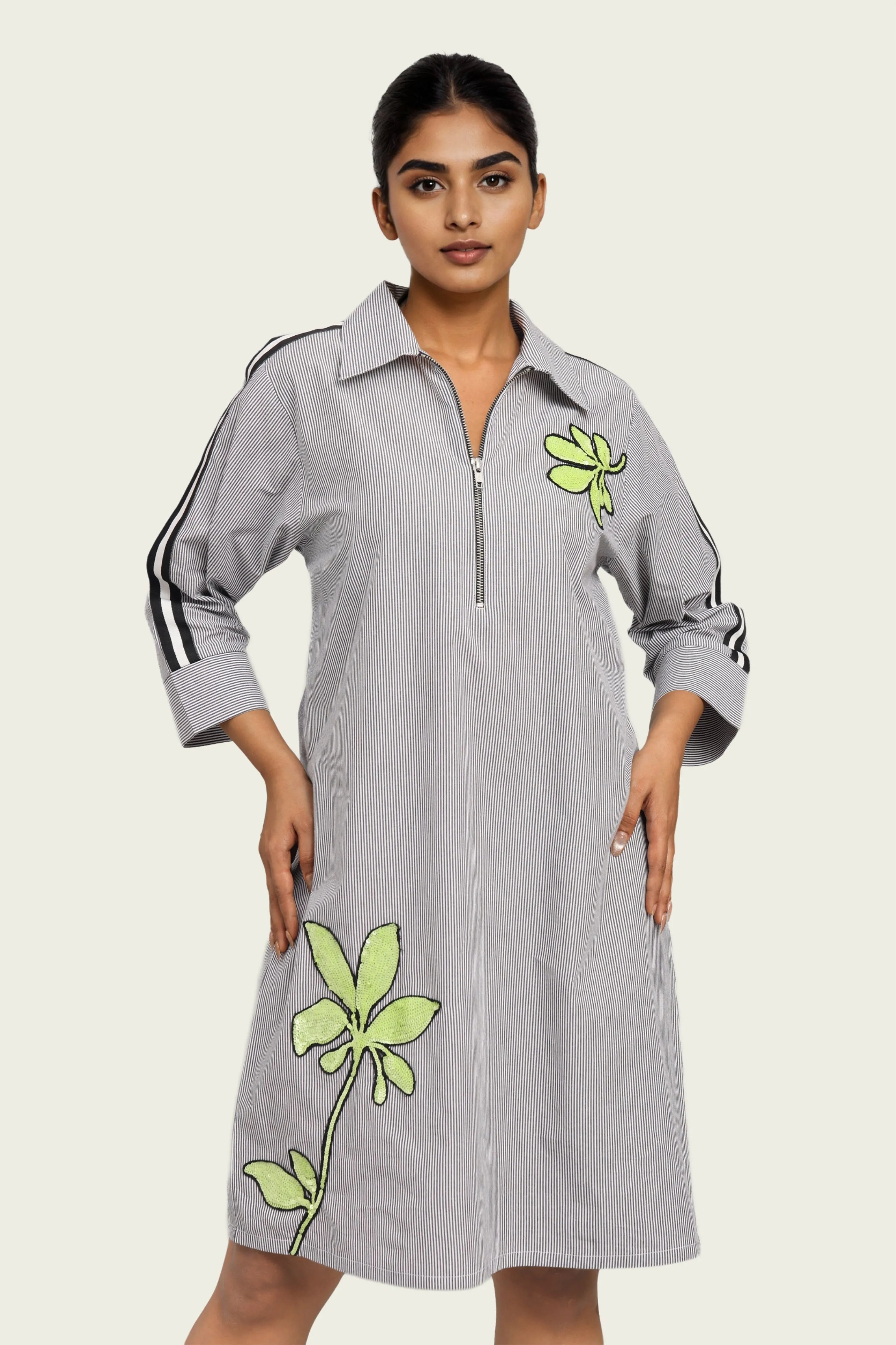 Black and White Pinstripe Cotton Dress with Embroidery