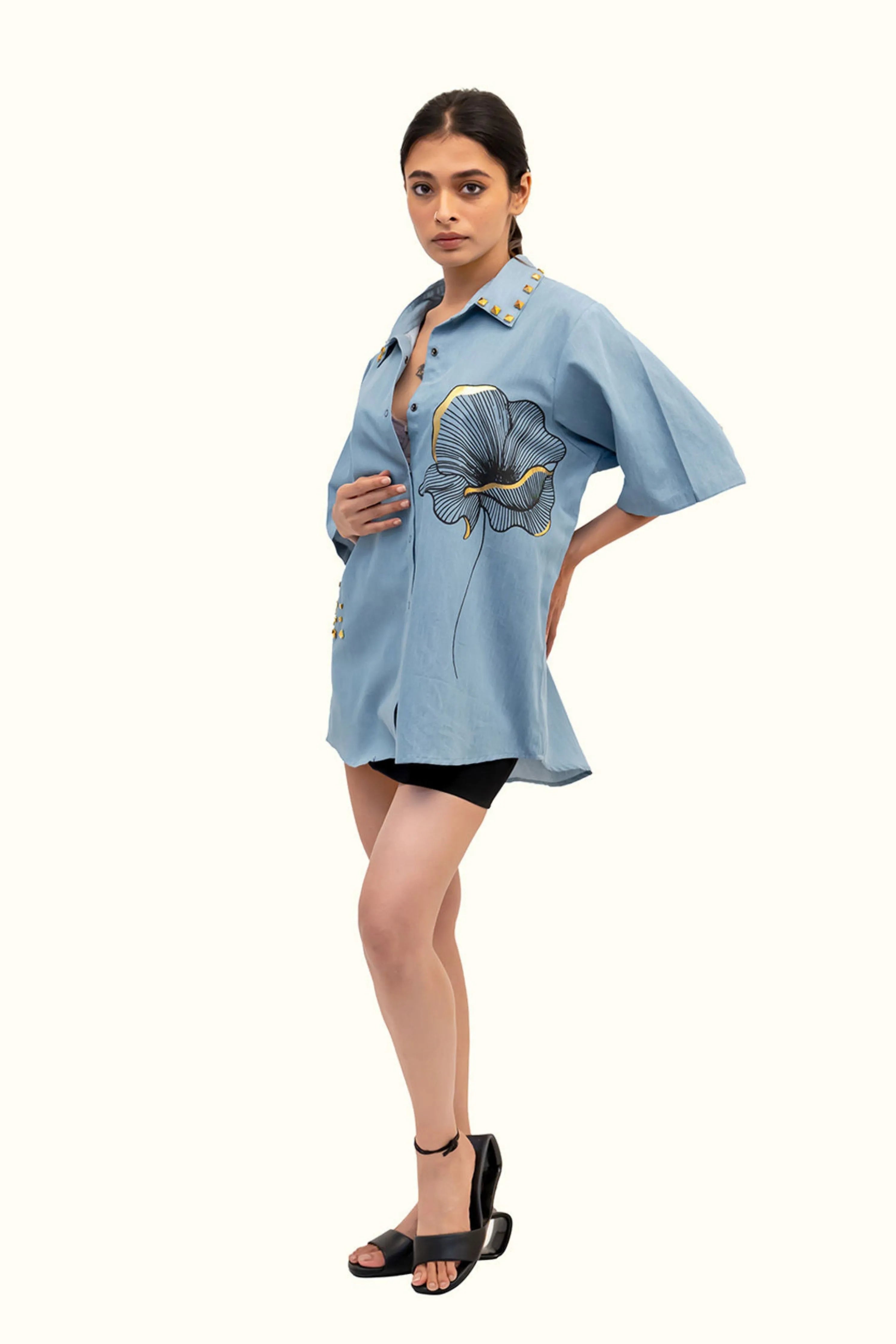 Blue Cotton Denim Shirt With Foil Print And Studs