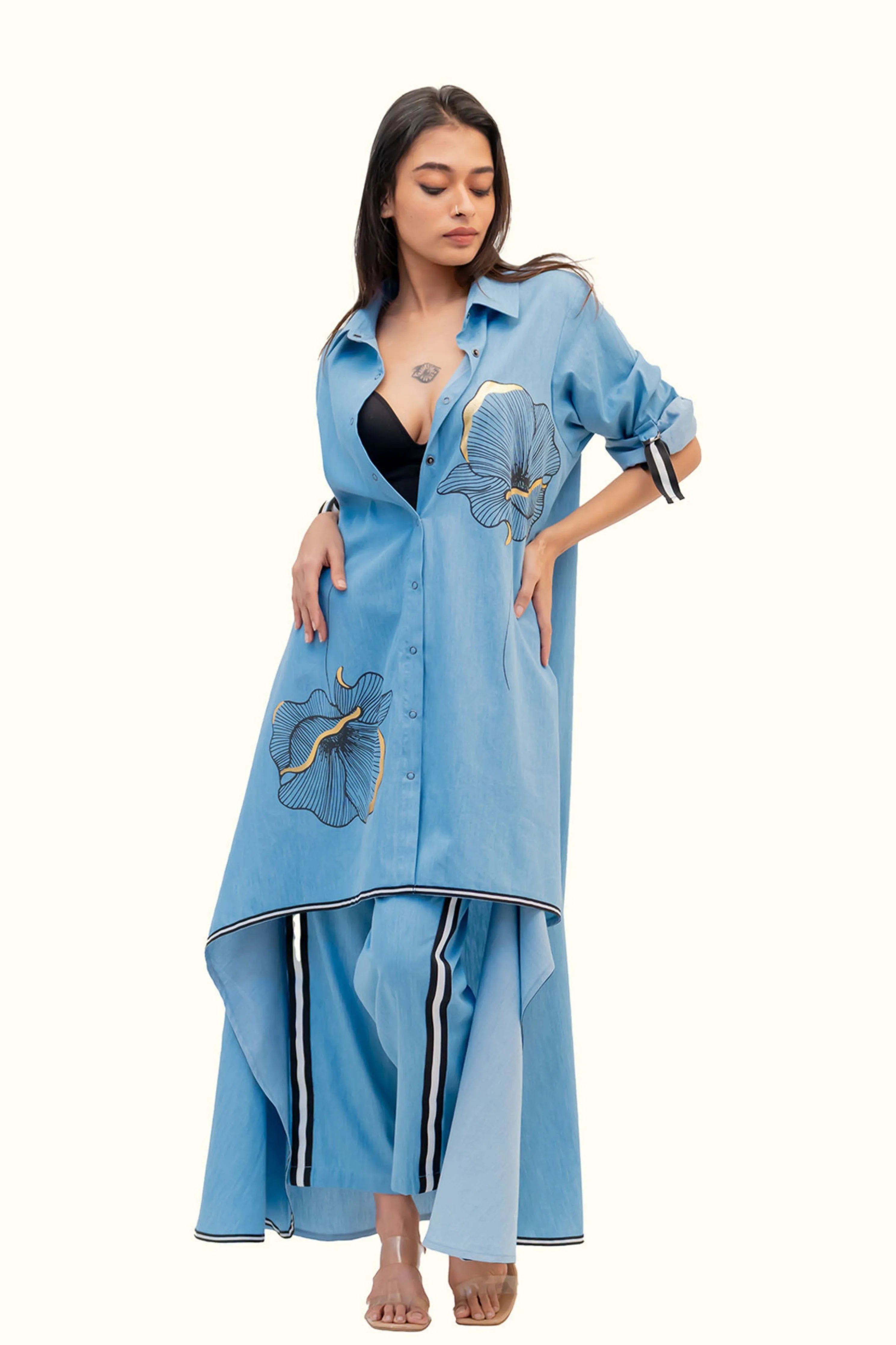 Blue Cotton Denim Tunic With Print