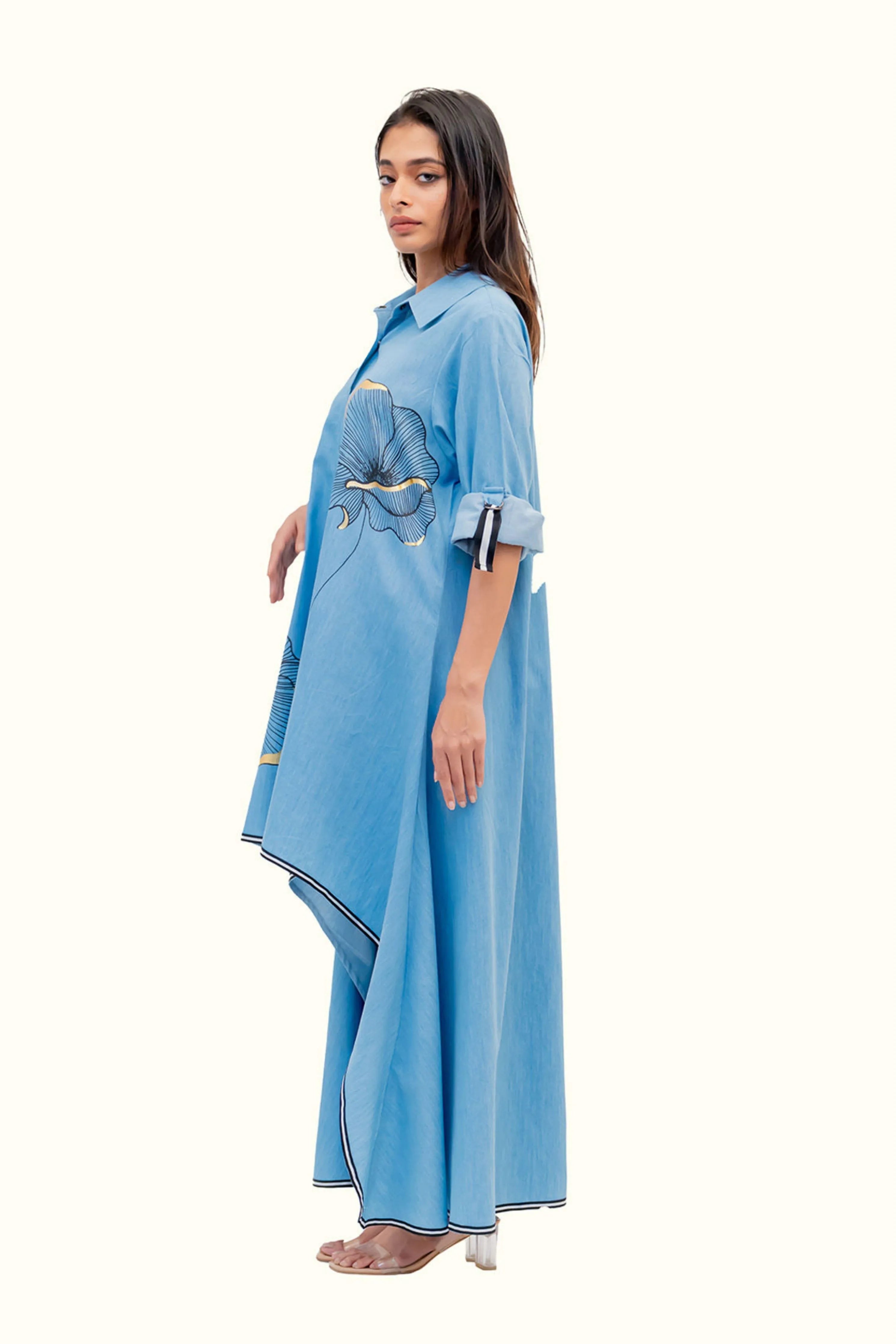 Blue Cotton Denim Tunic With Print