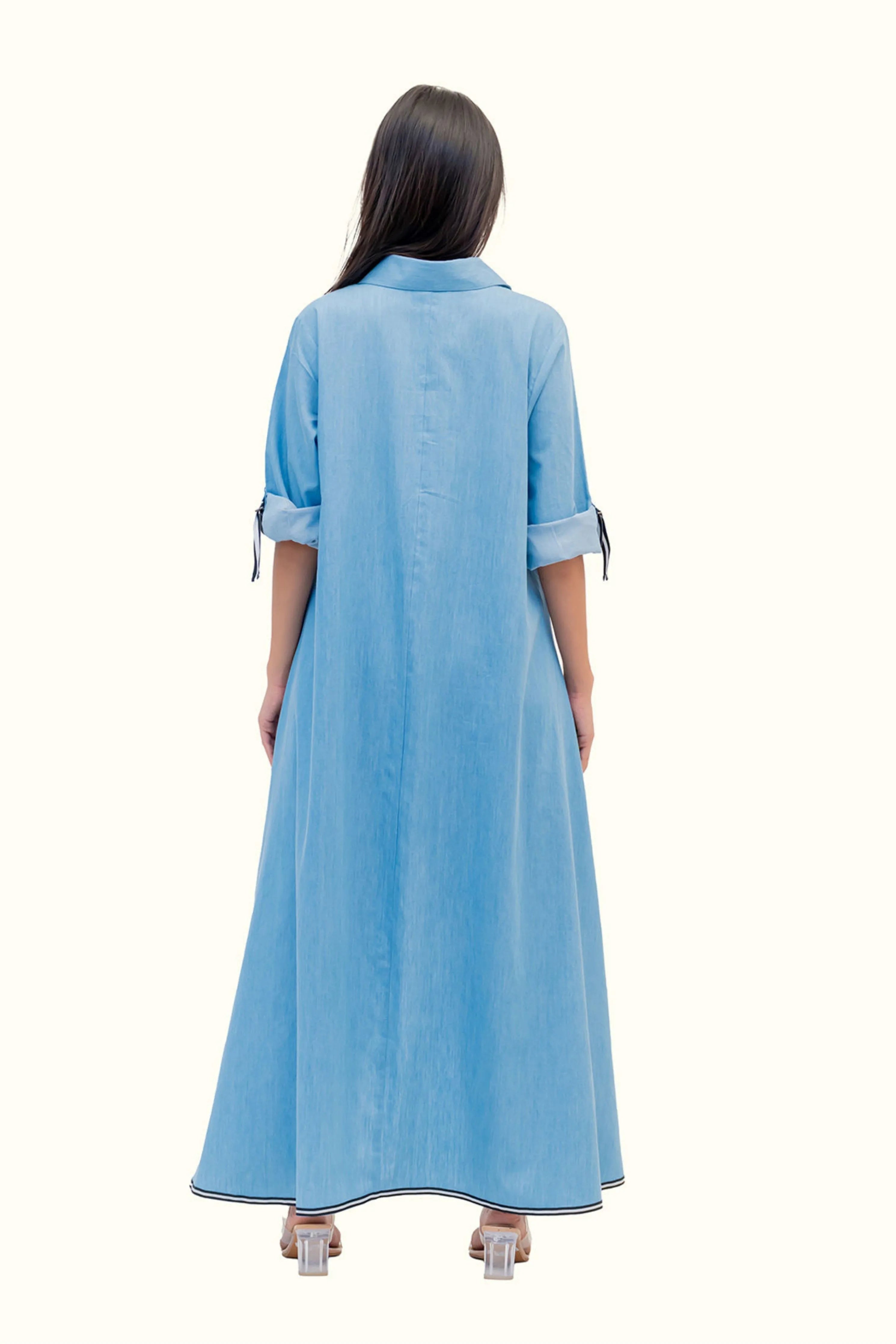 Blue Cotton Denim Tunic With Print