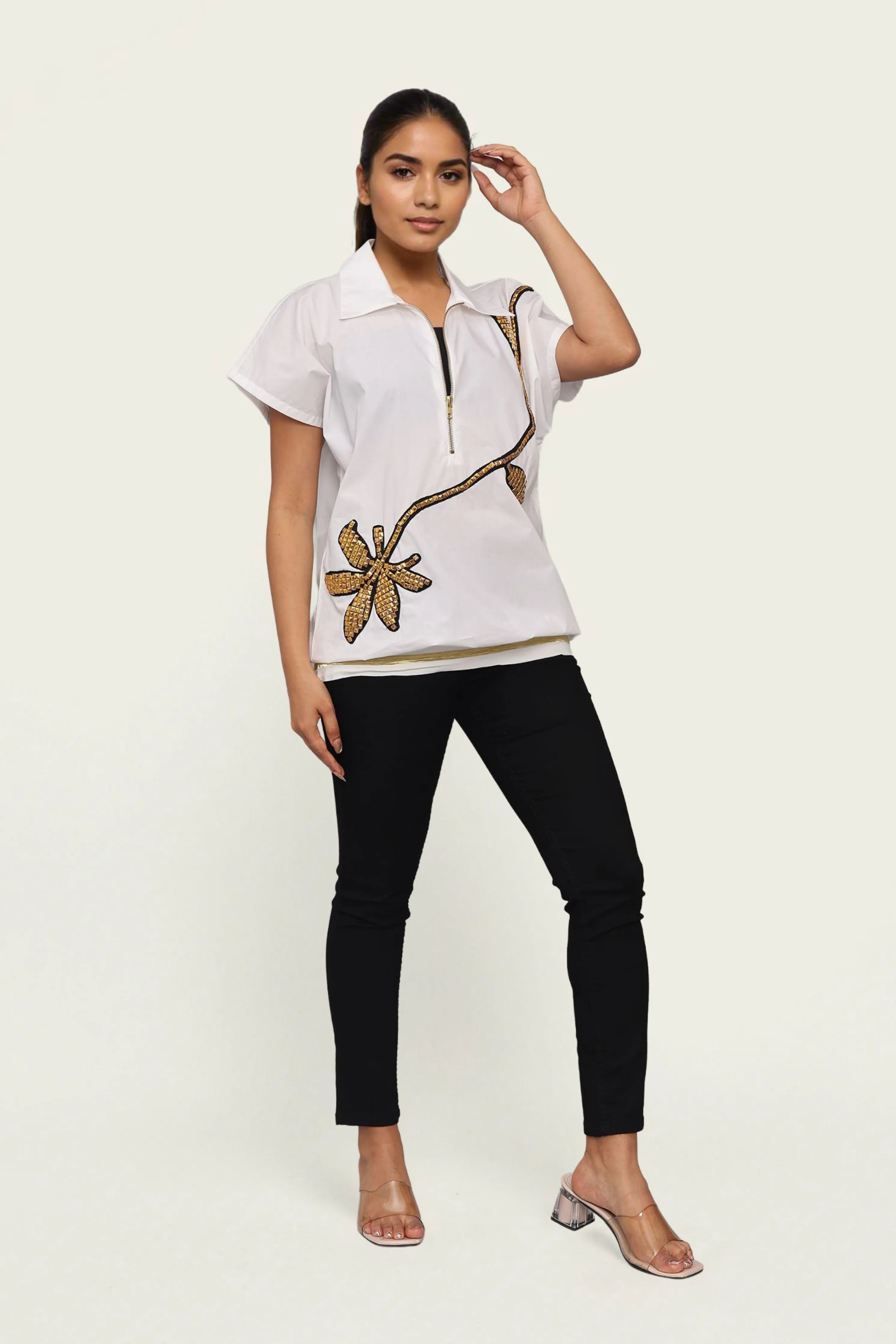 White Cotton Bomber shirt with Embroidery