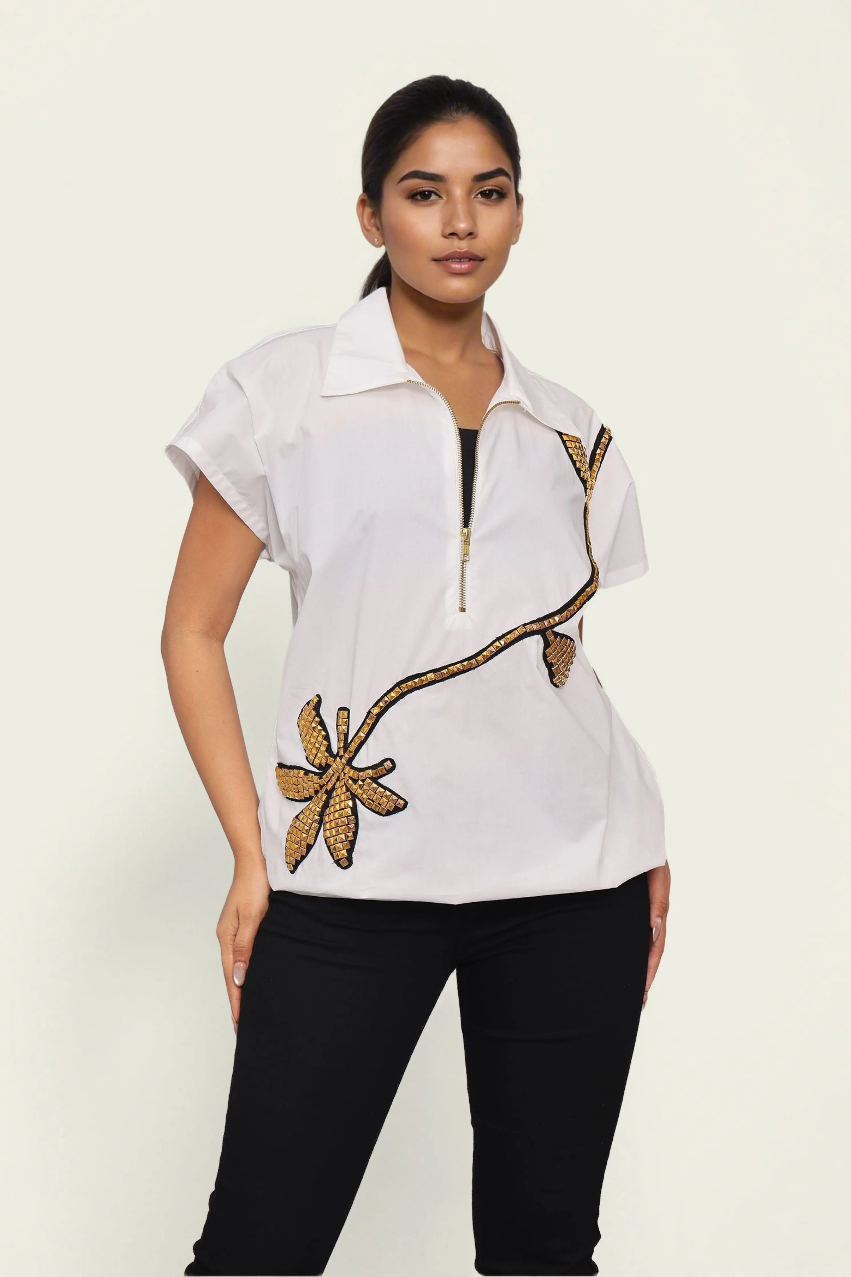 White Cotton Bomber shirt with Embroidery