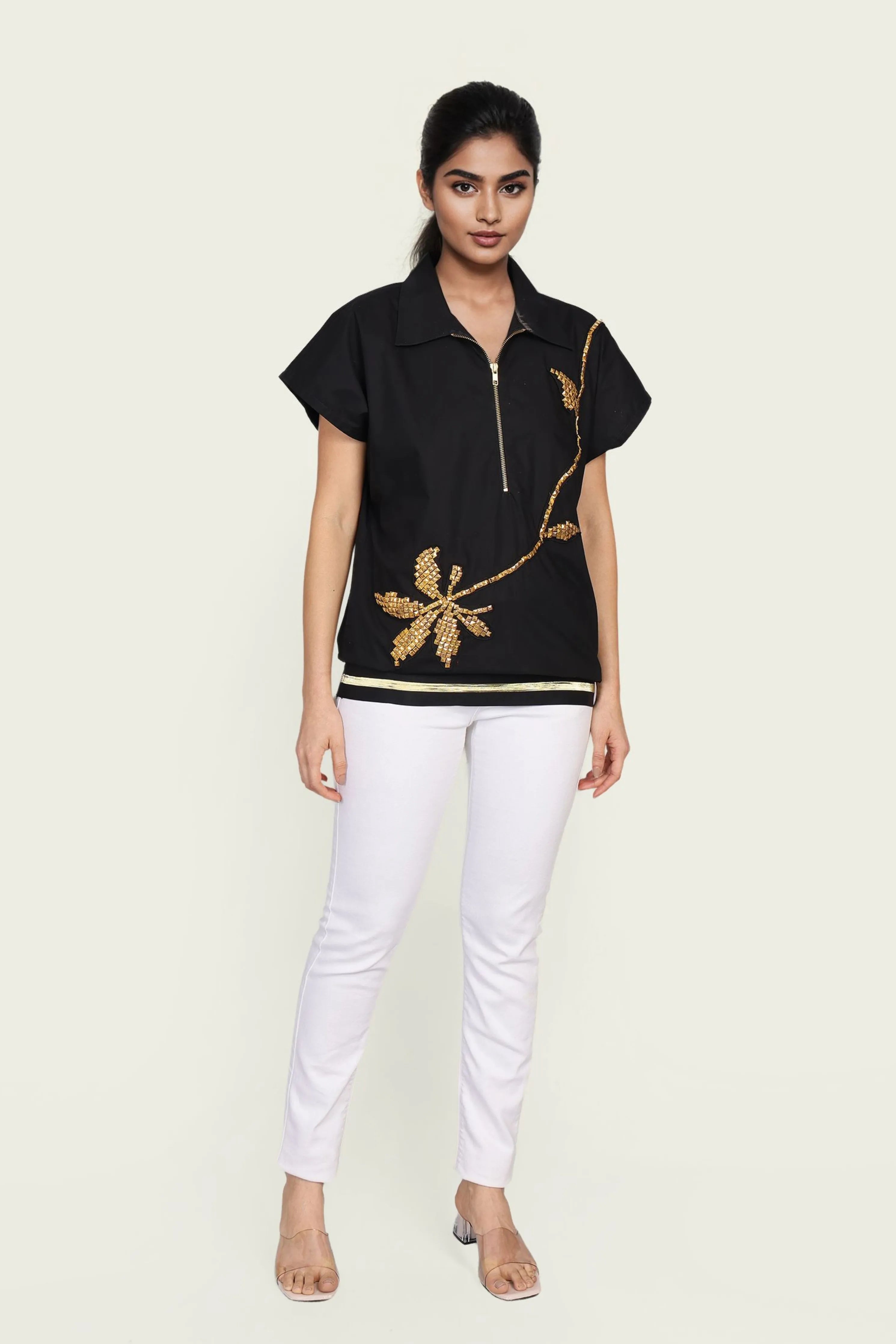 Black Cotton Bomber Shirt with Embroidery