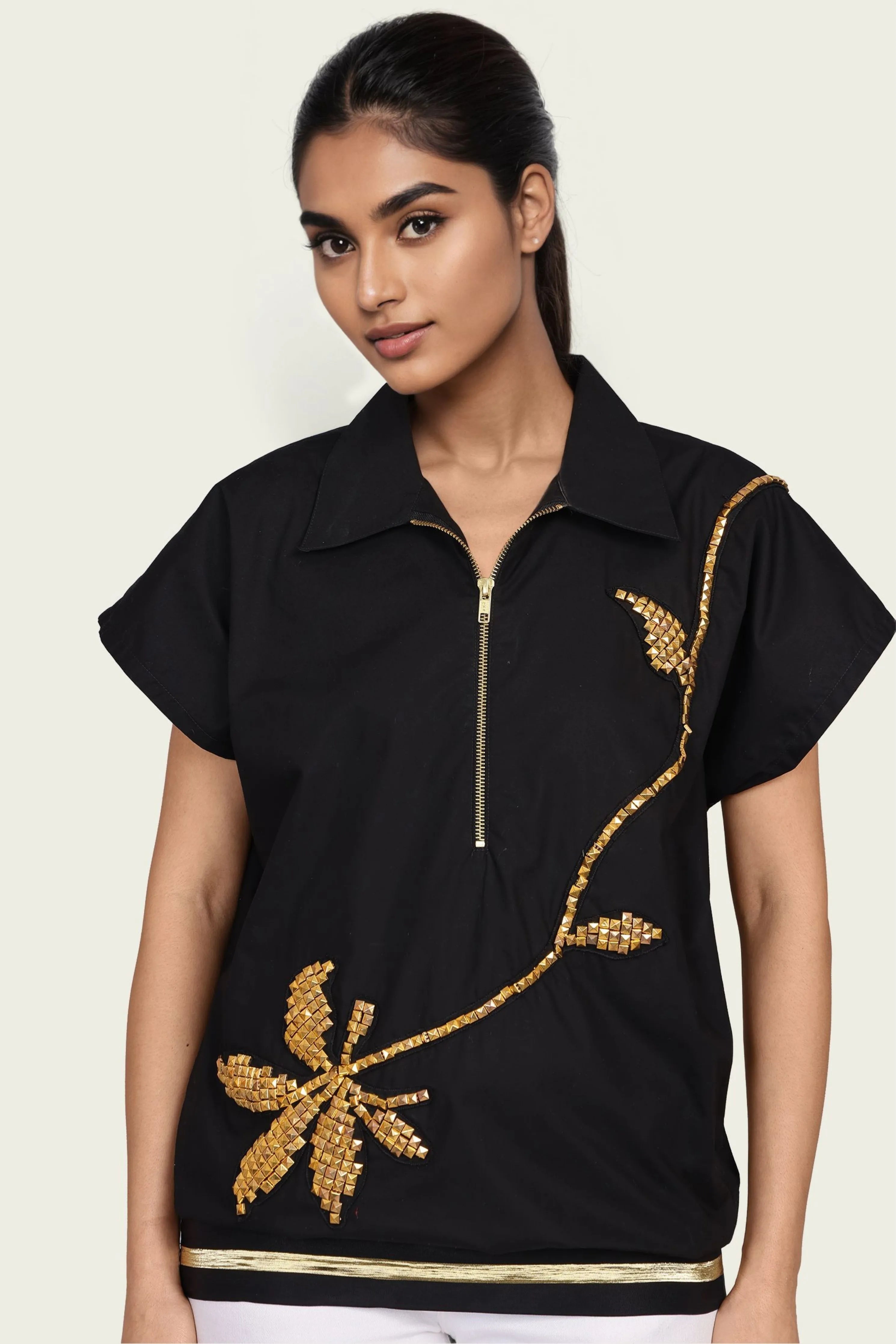 Black Cotton Bomber Shirt with Embroidery