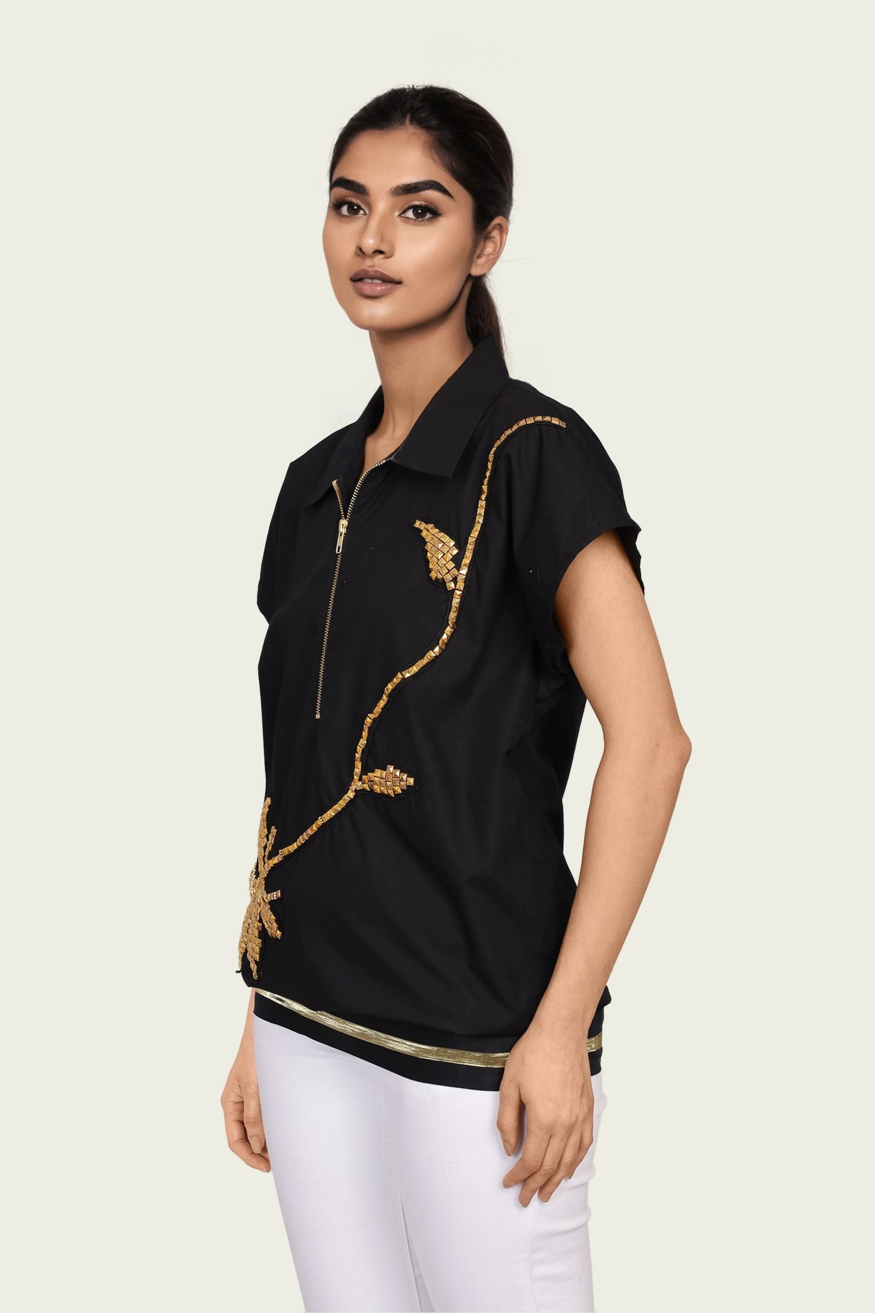 Black Cotton Bomber Shirt with Embroidery