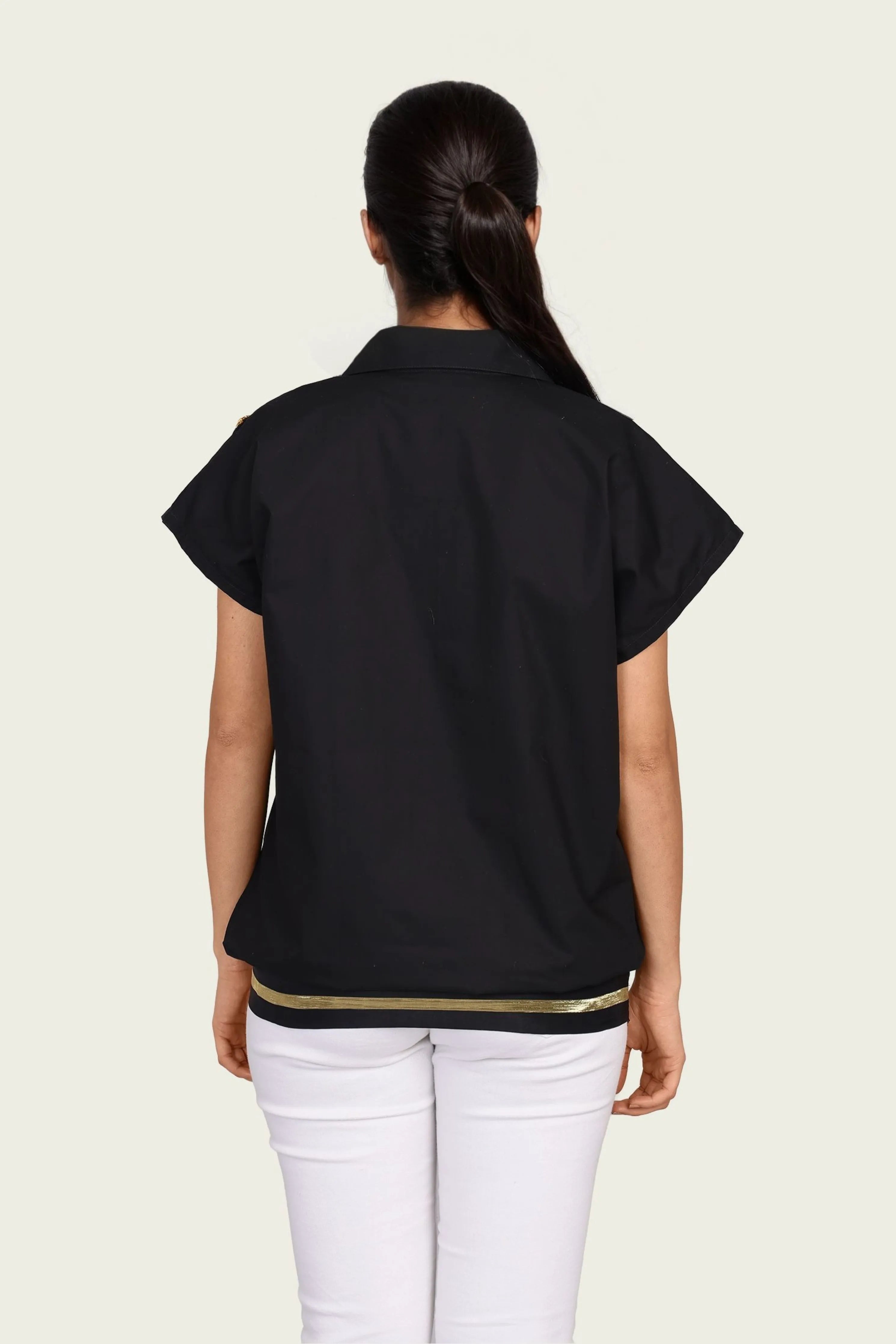 Black Cotton Bomber Shirt with Embroidery