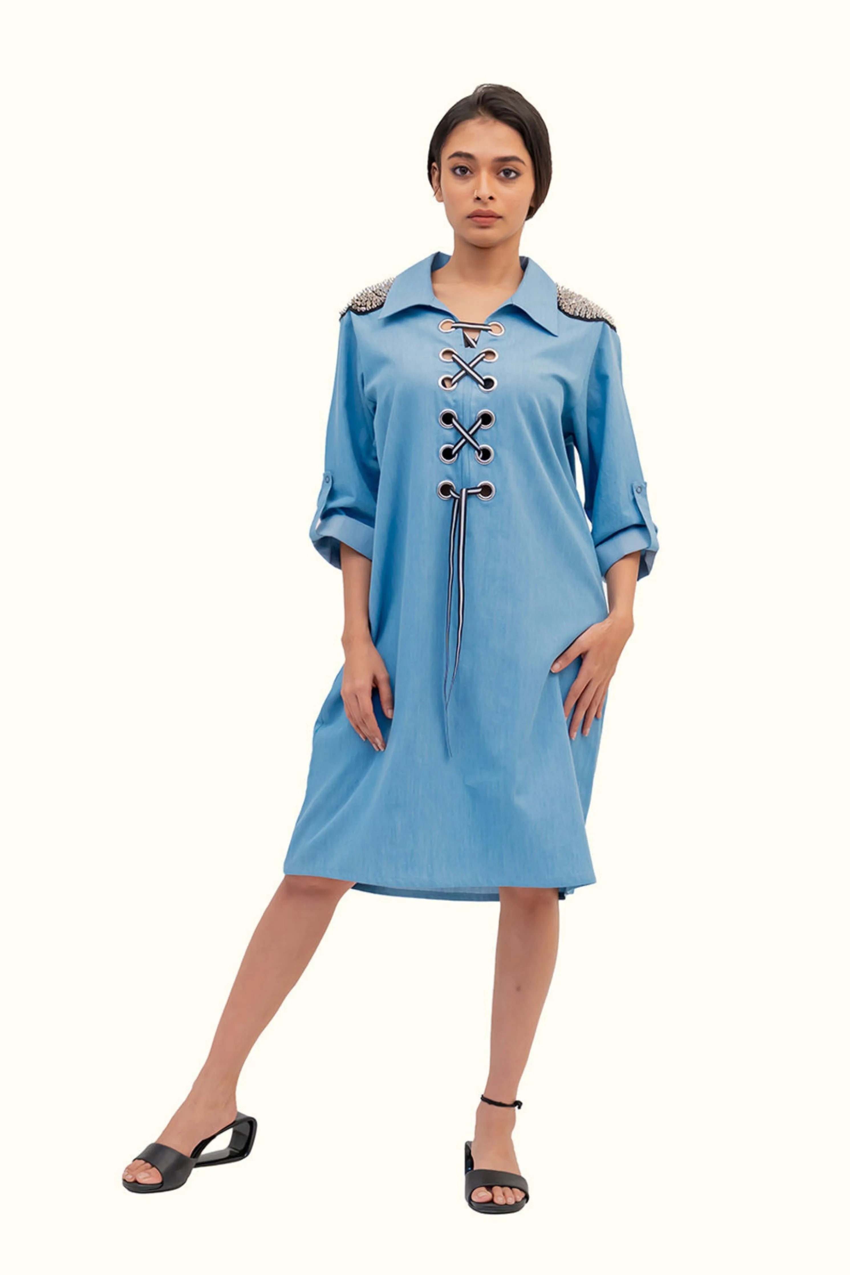 Blue Cotton Denim Dress With Embroidery