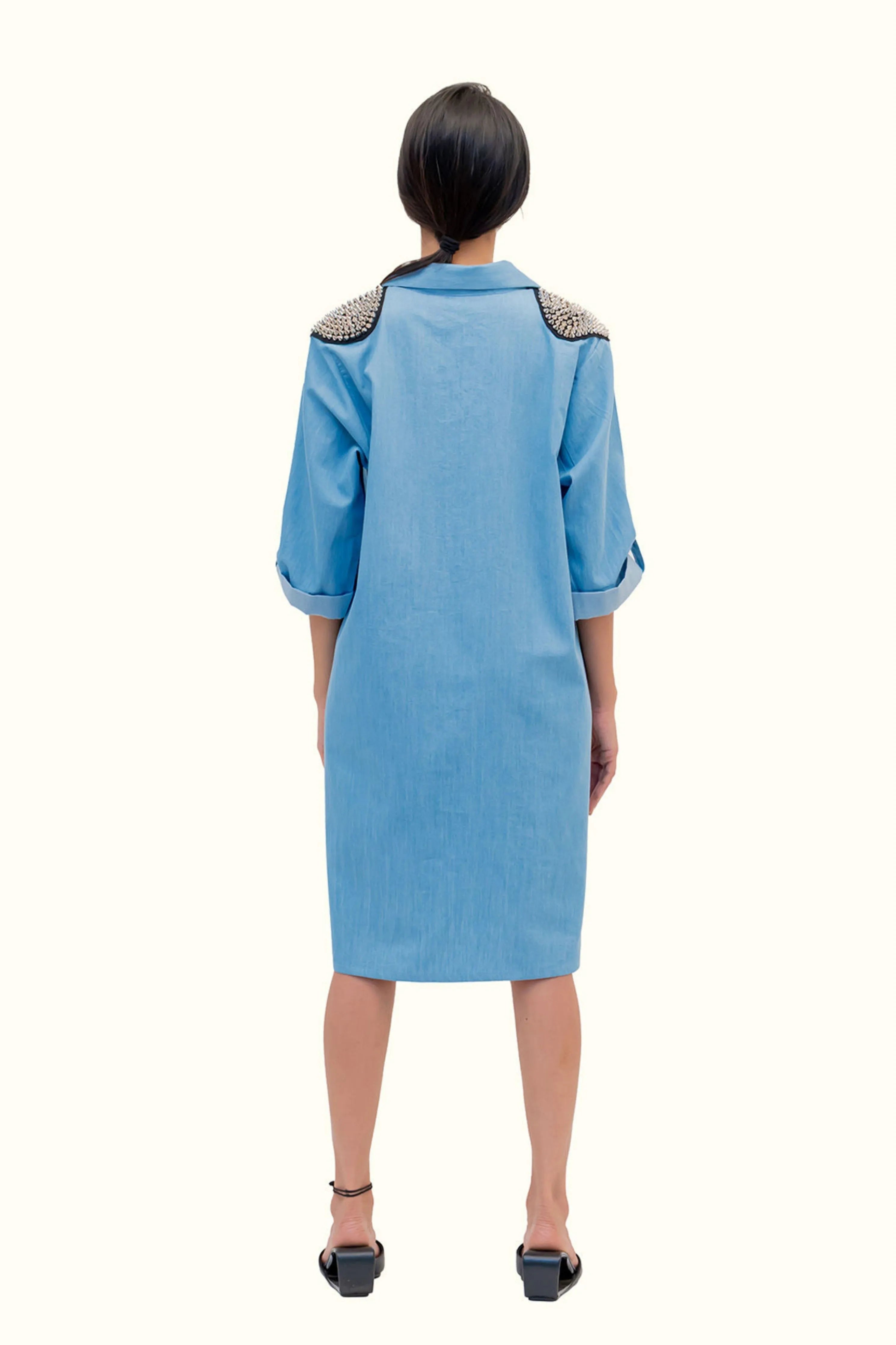Blue Cotton Denim Dress With Embroidery