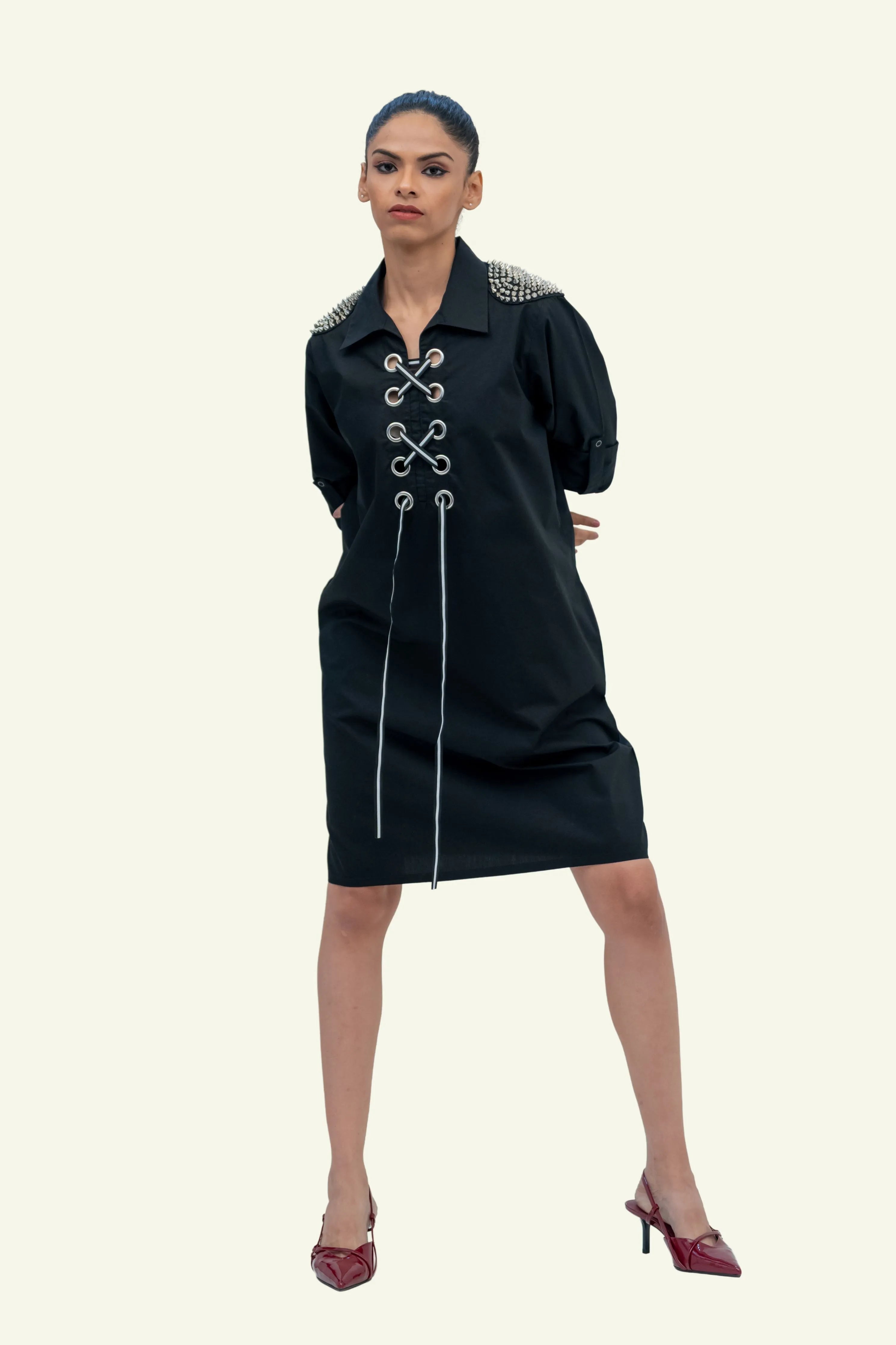 Black Cotton Denim Dress with Embroidery