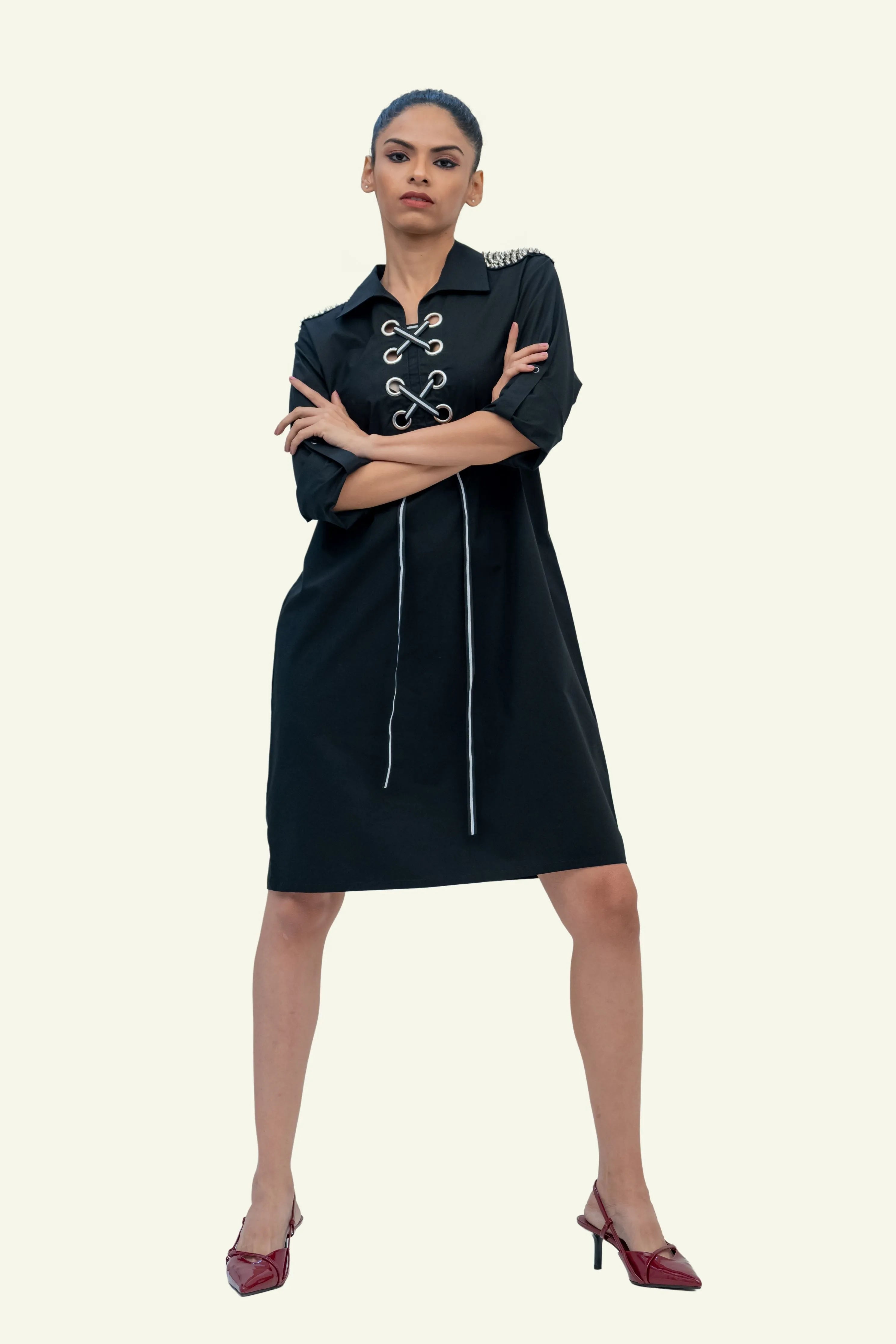 Black Cotton Denim Dress with Embroidery
