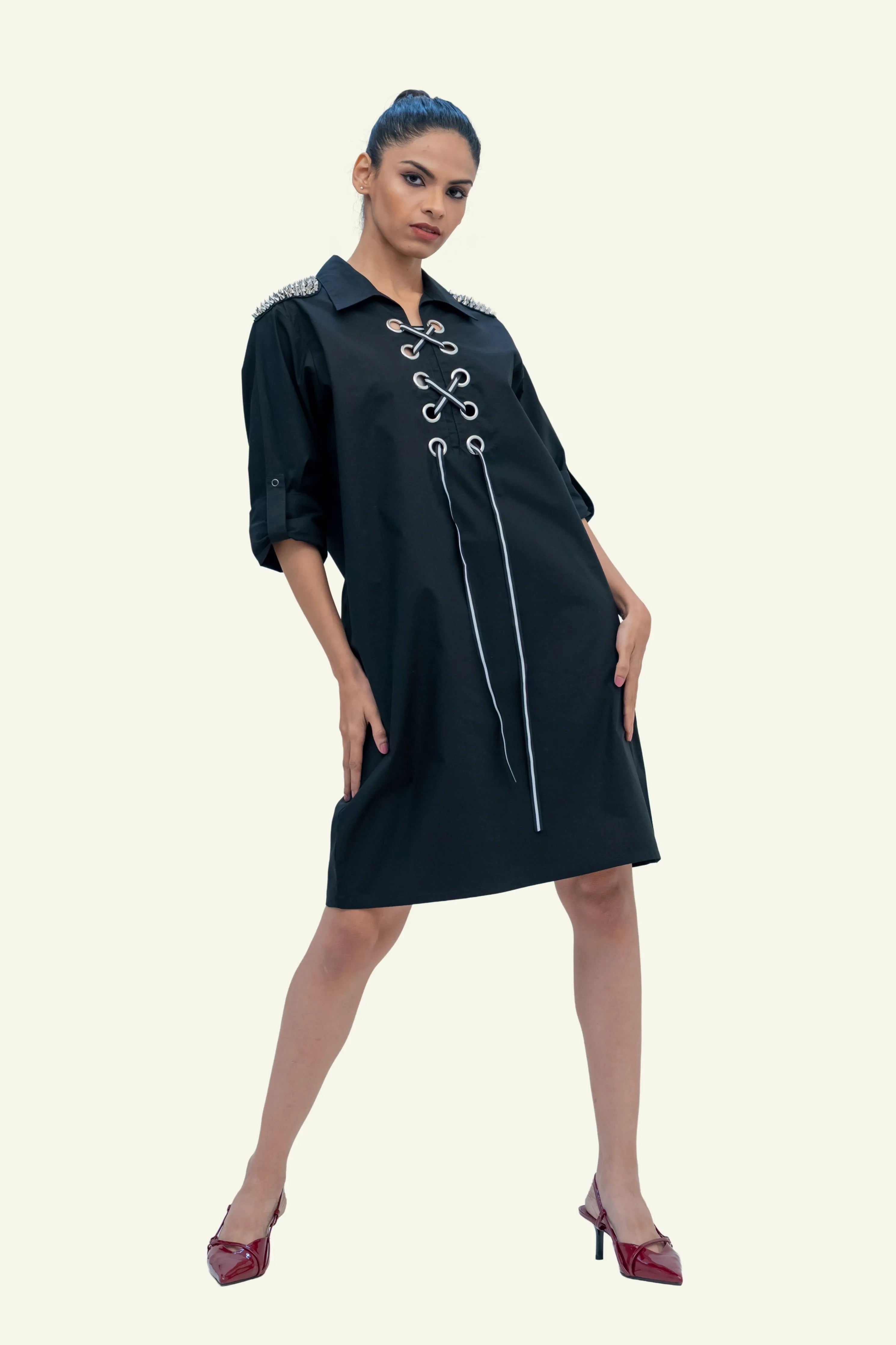 Black Cotton Denim Dress with Embroidery