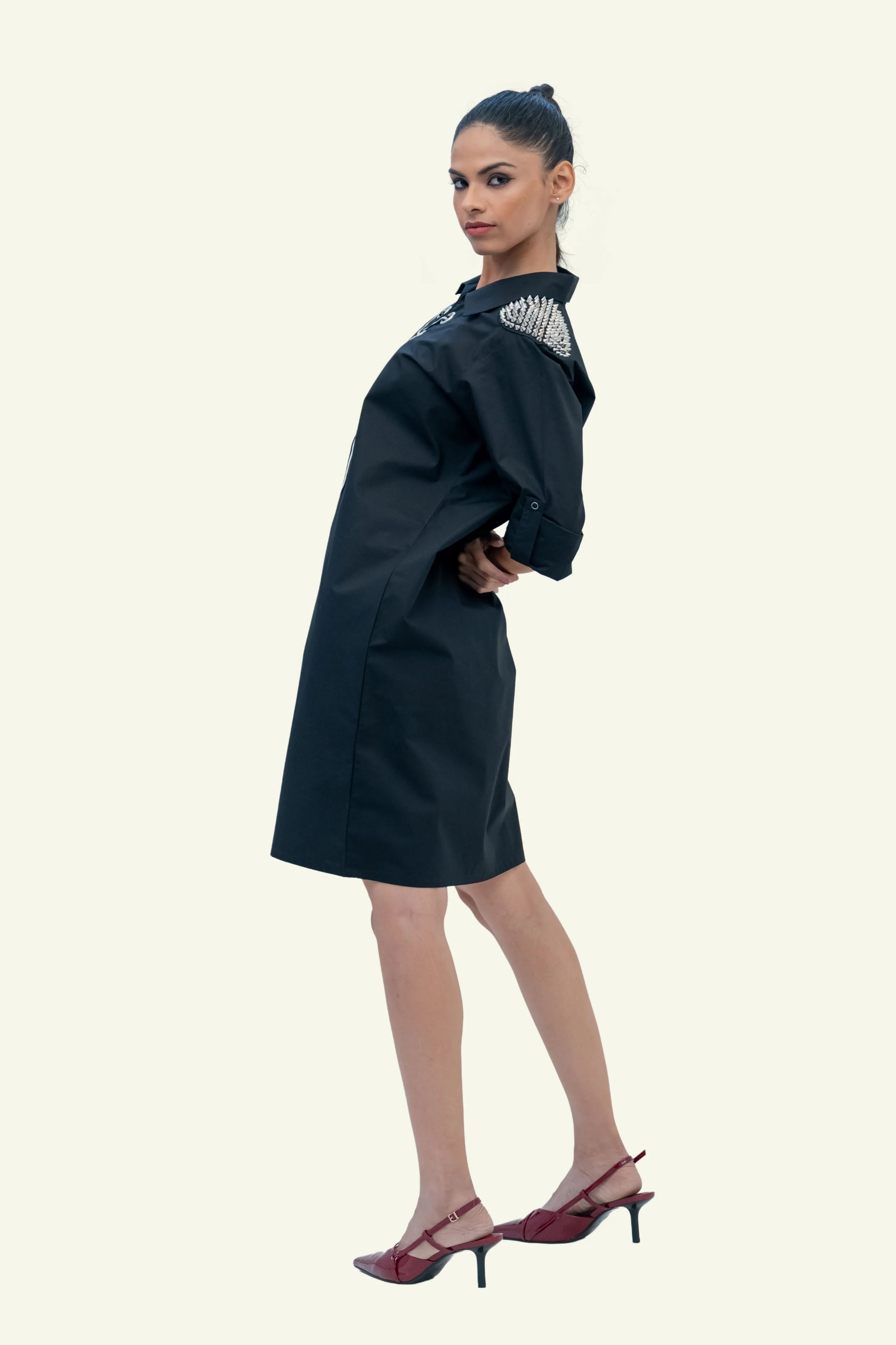 Black Cotton Denim Dress with Embroidery
