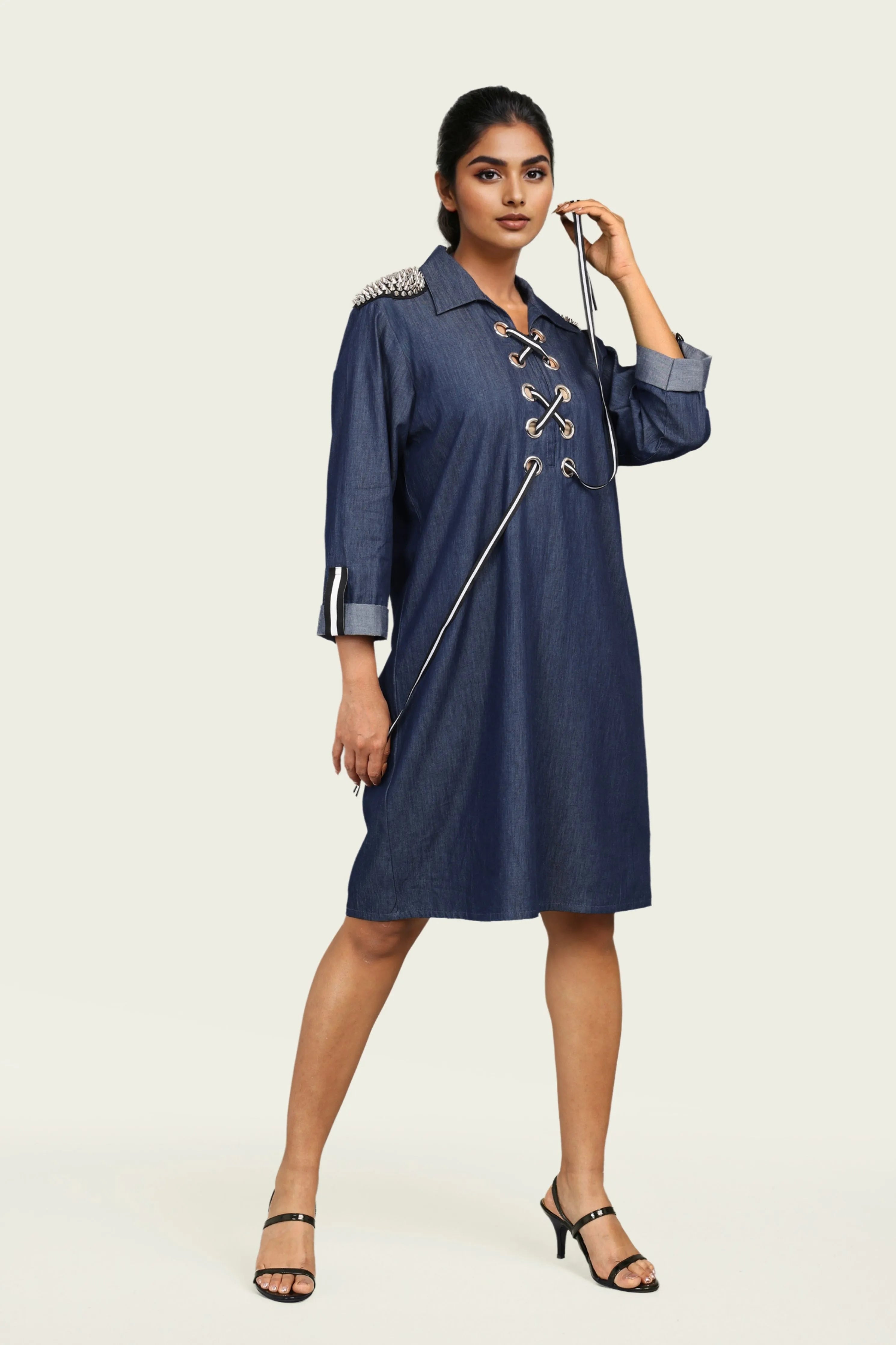 Denim Cotton Dress with Embroidery