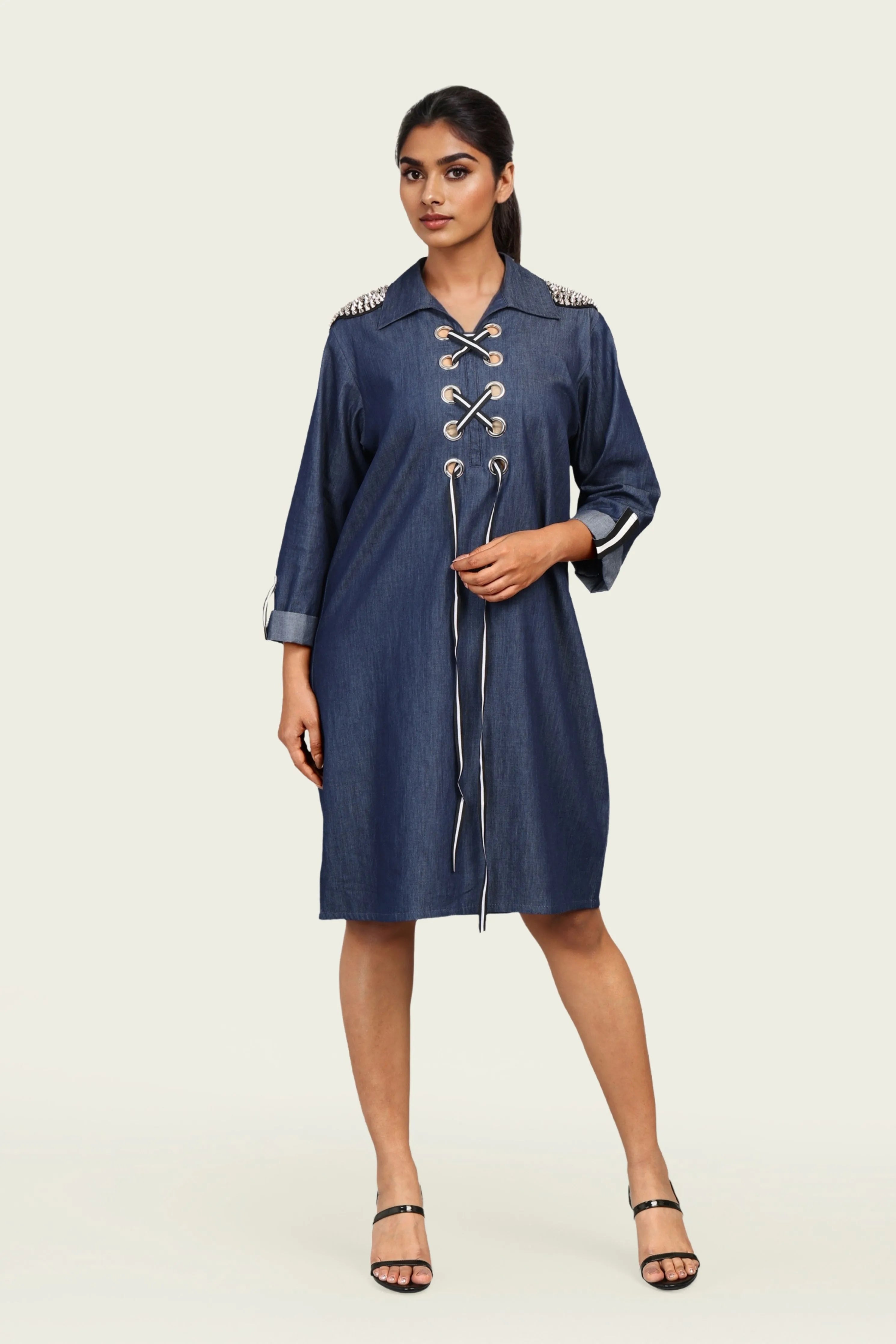 Denim Cotton Dress with Embroidery