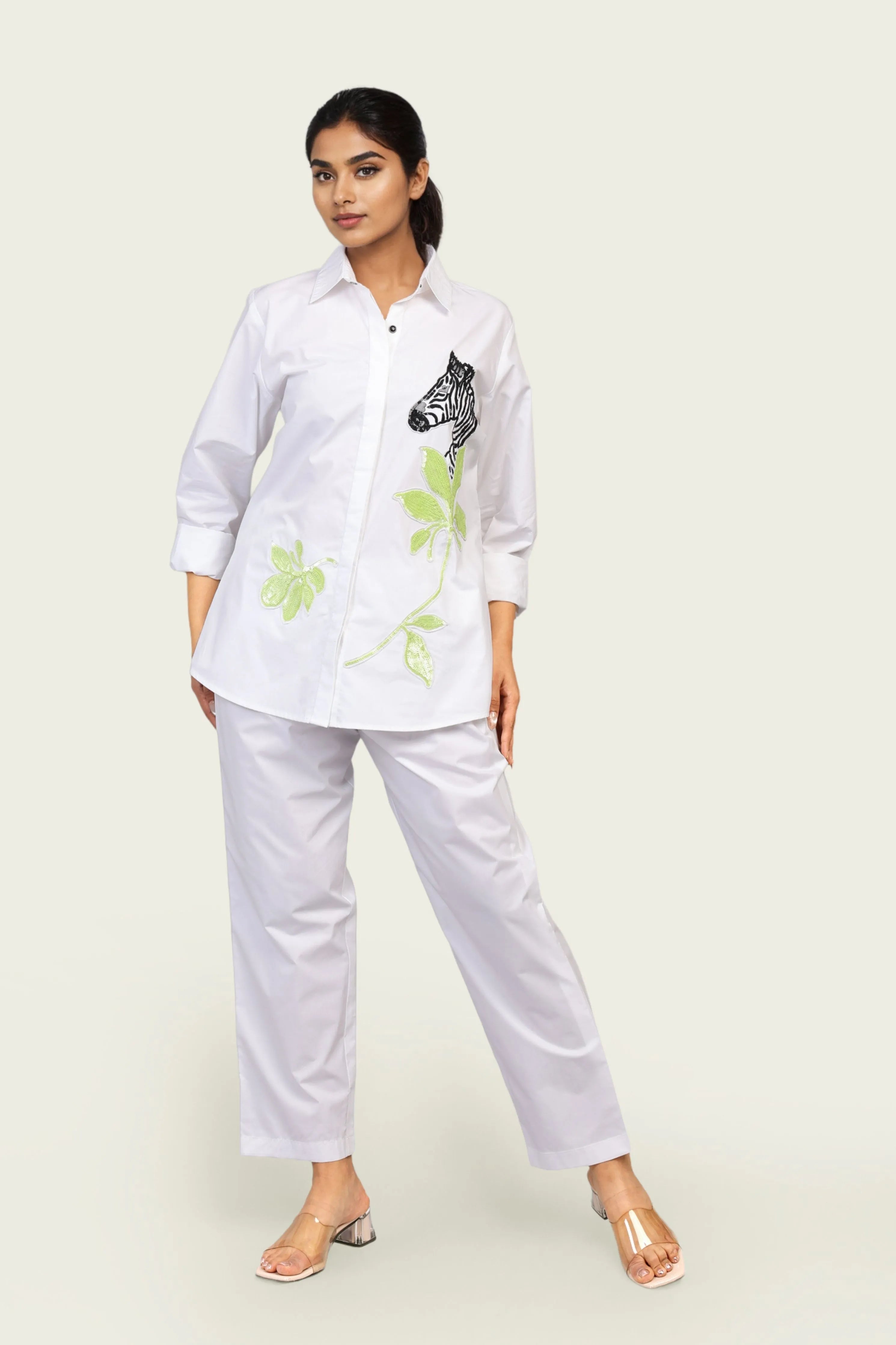 White Cotton Shirt and Pants Co-ord Set with Zebra Embroidery