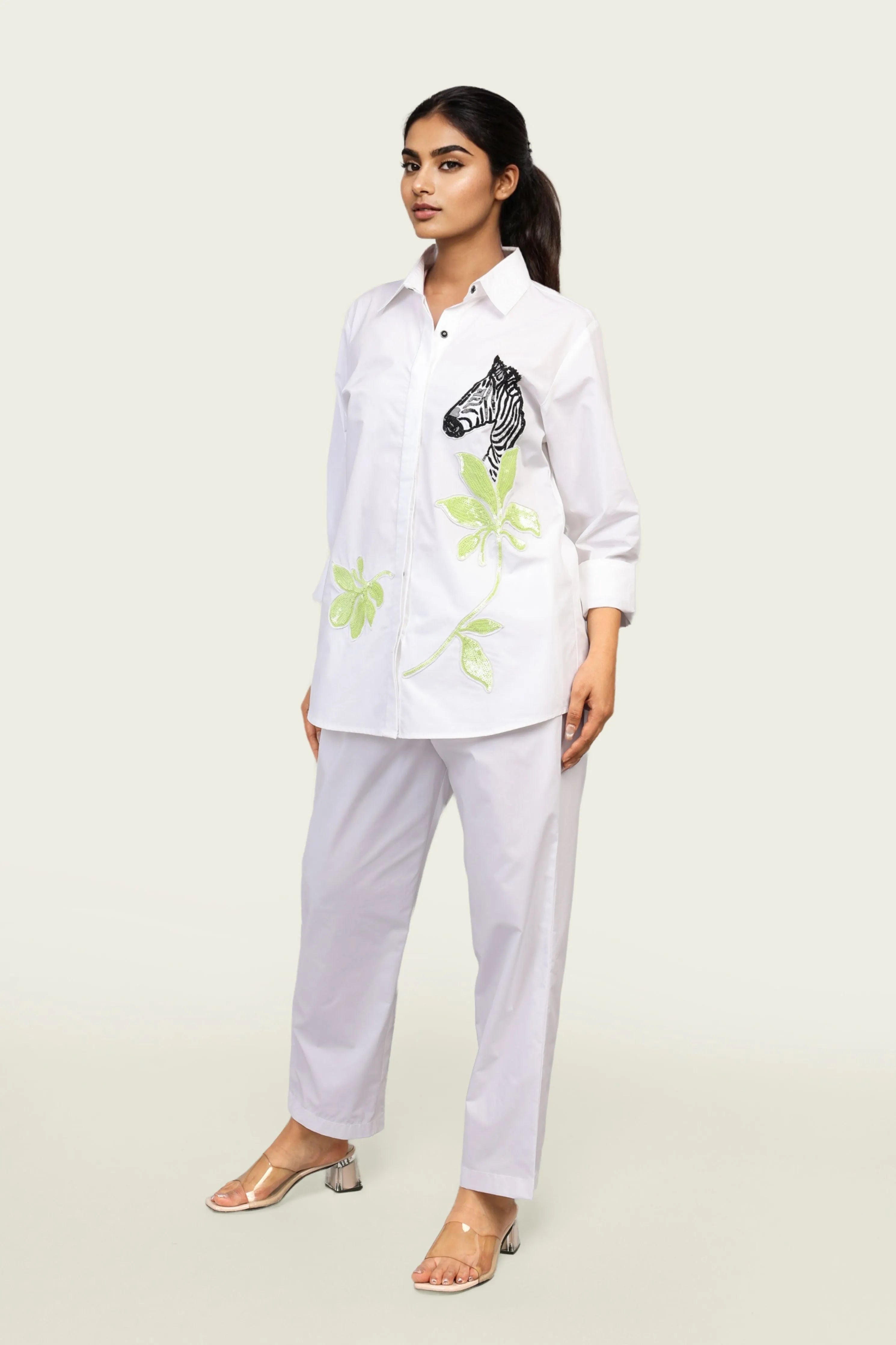 White Cotton Shirt and Pants Co-ord Set with Zebra Embroidery