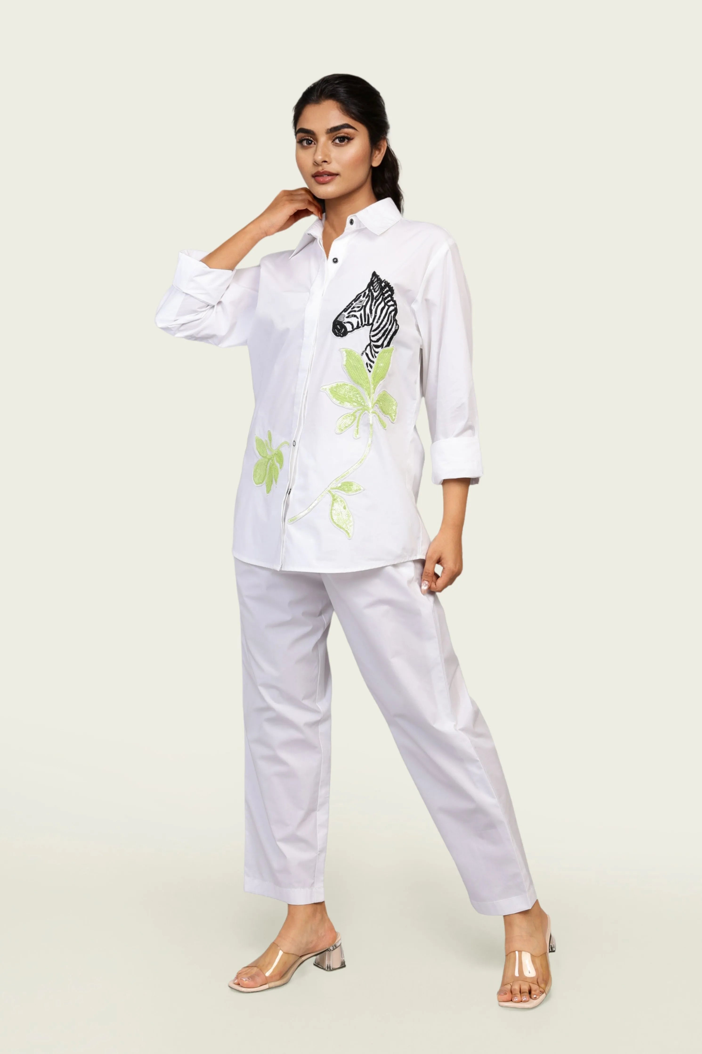 White Cotton Shirt and Pants Co-ord Set with Zebra Embroidery