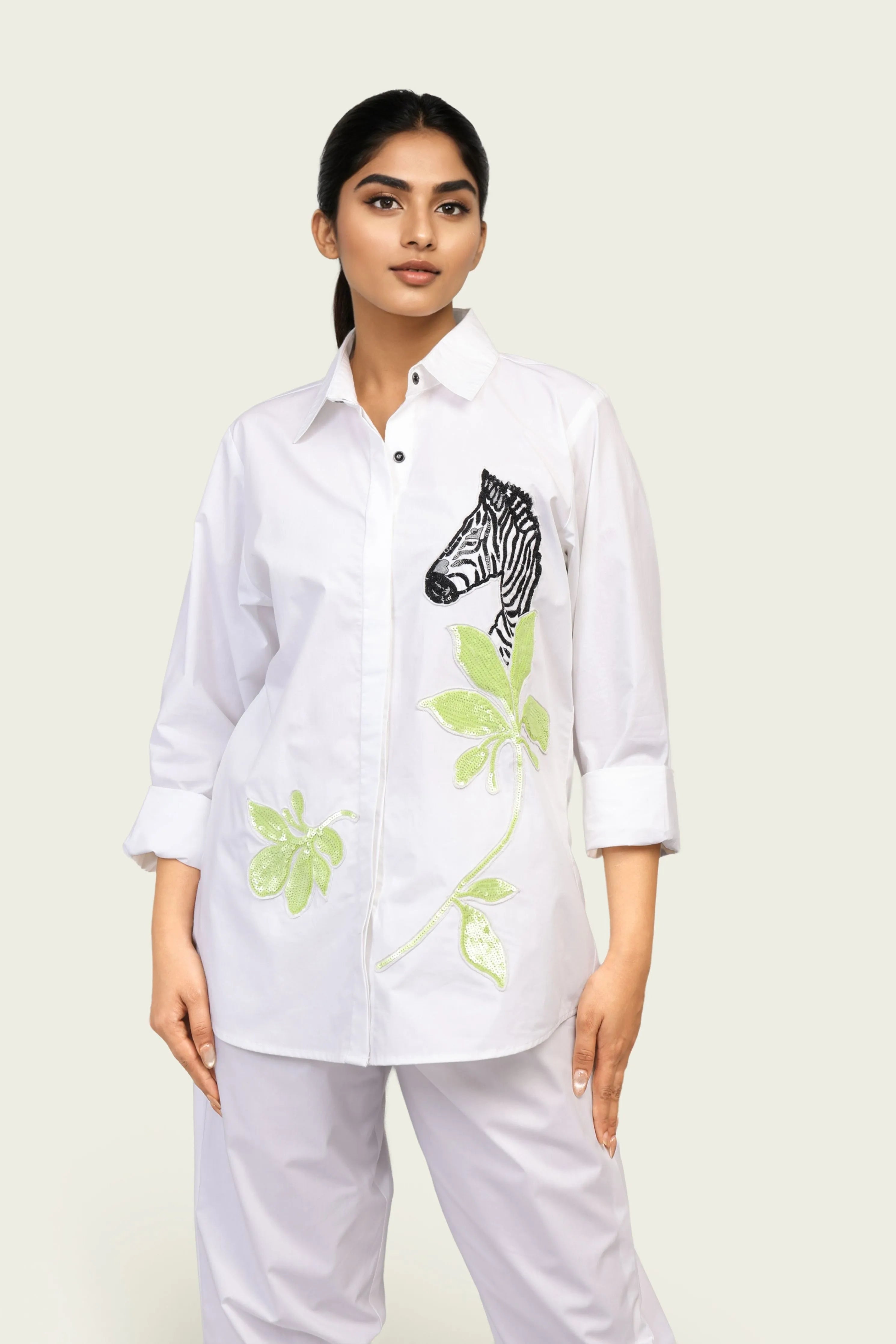 White Cotton Shirt and Pants Co-ord Set with Zebra Embroidery