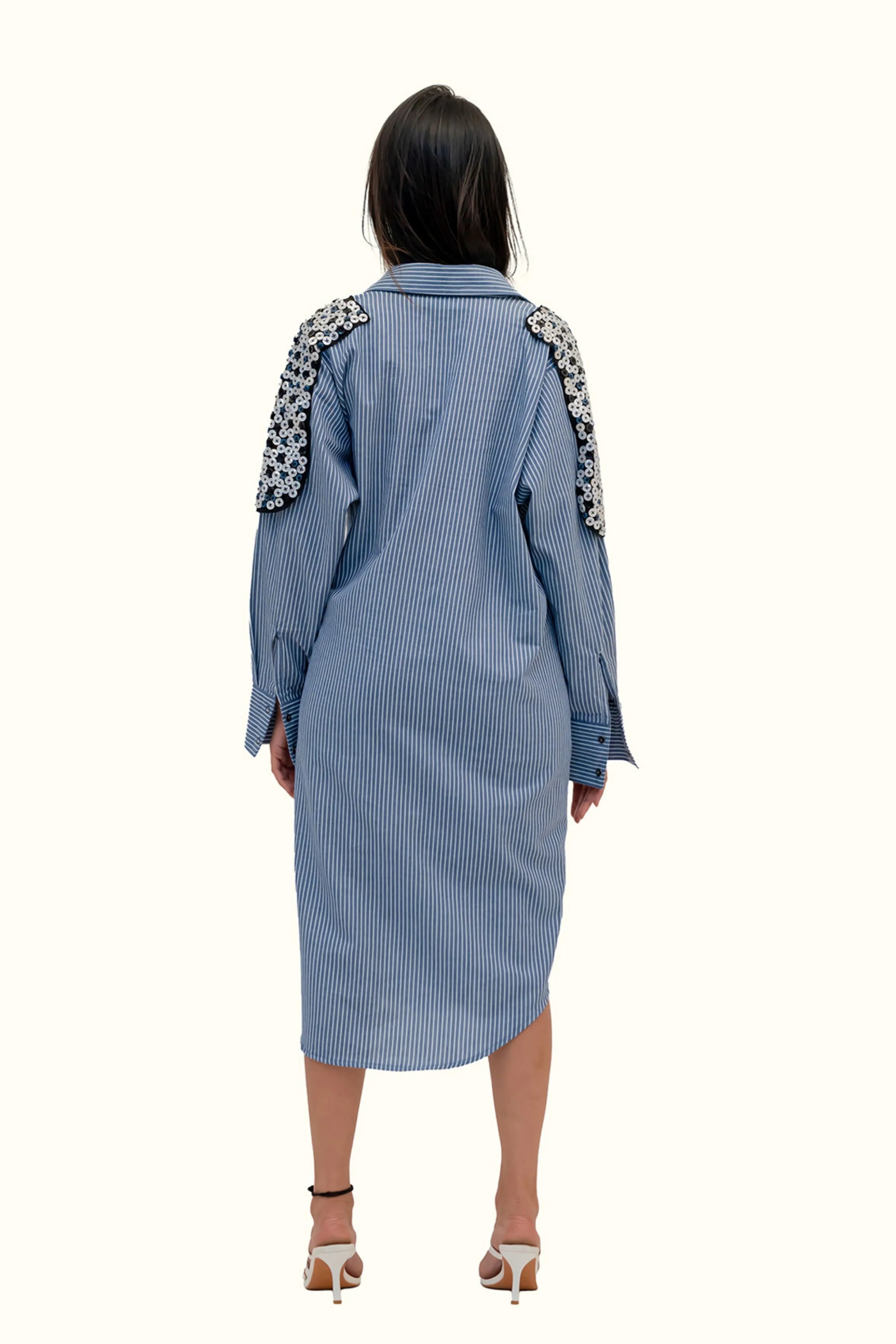 Blue And White Striped Cotton Dress With Embroidery