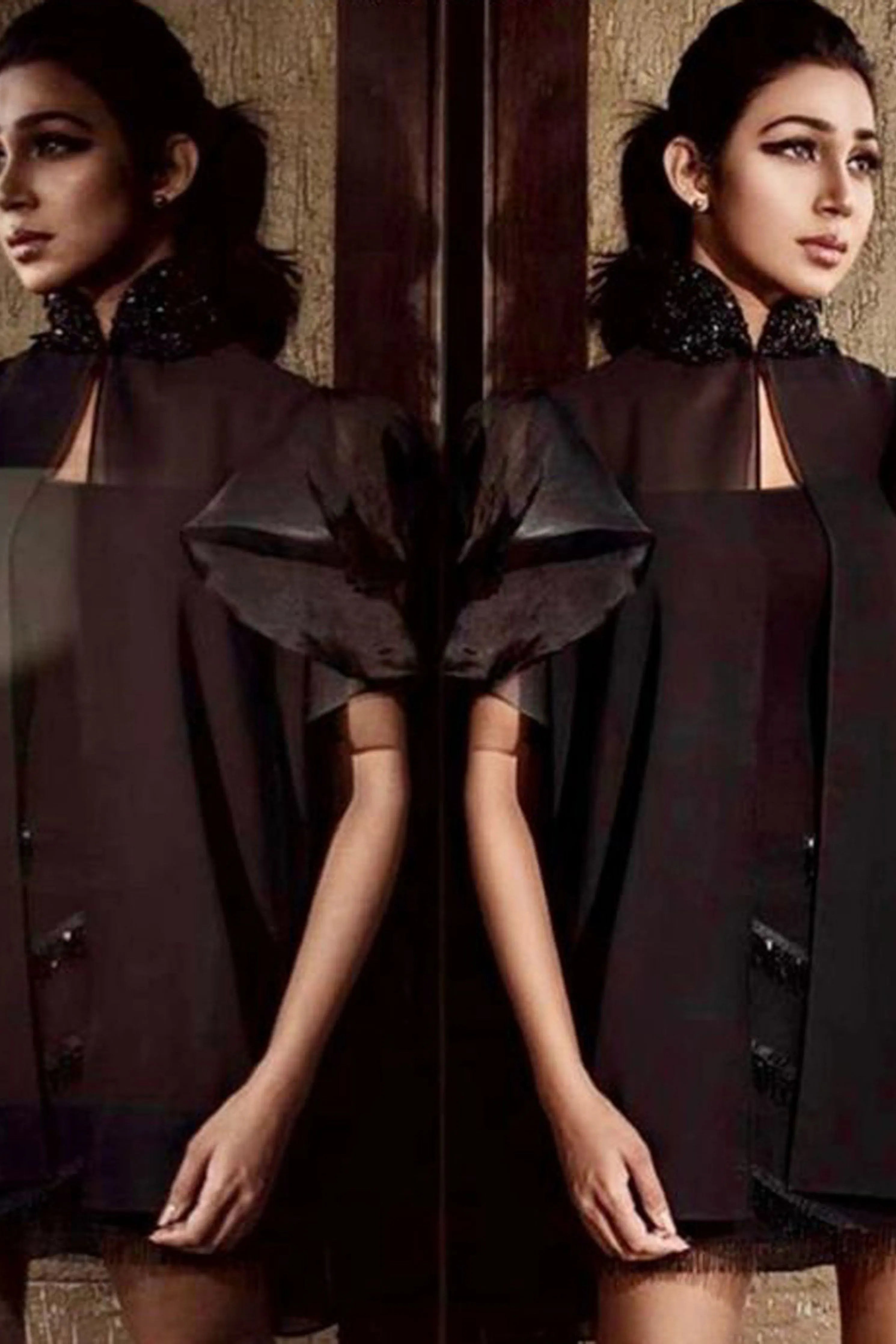 Black Georgette Cape With Organza Flared Sleeves