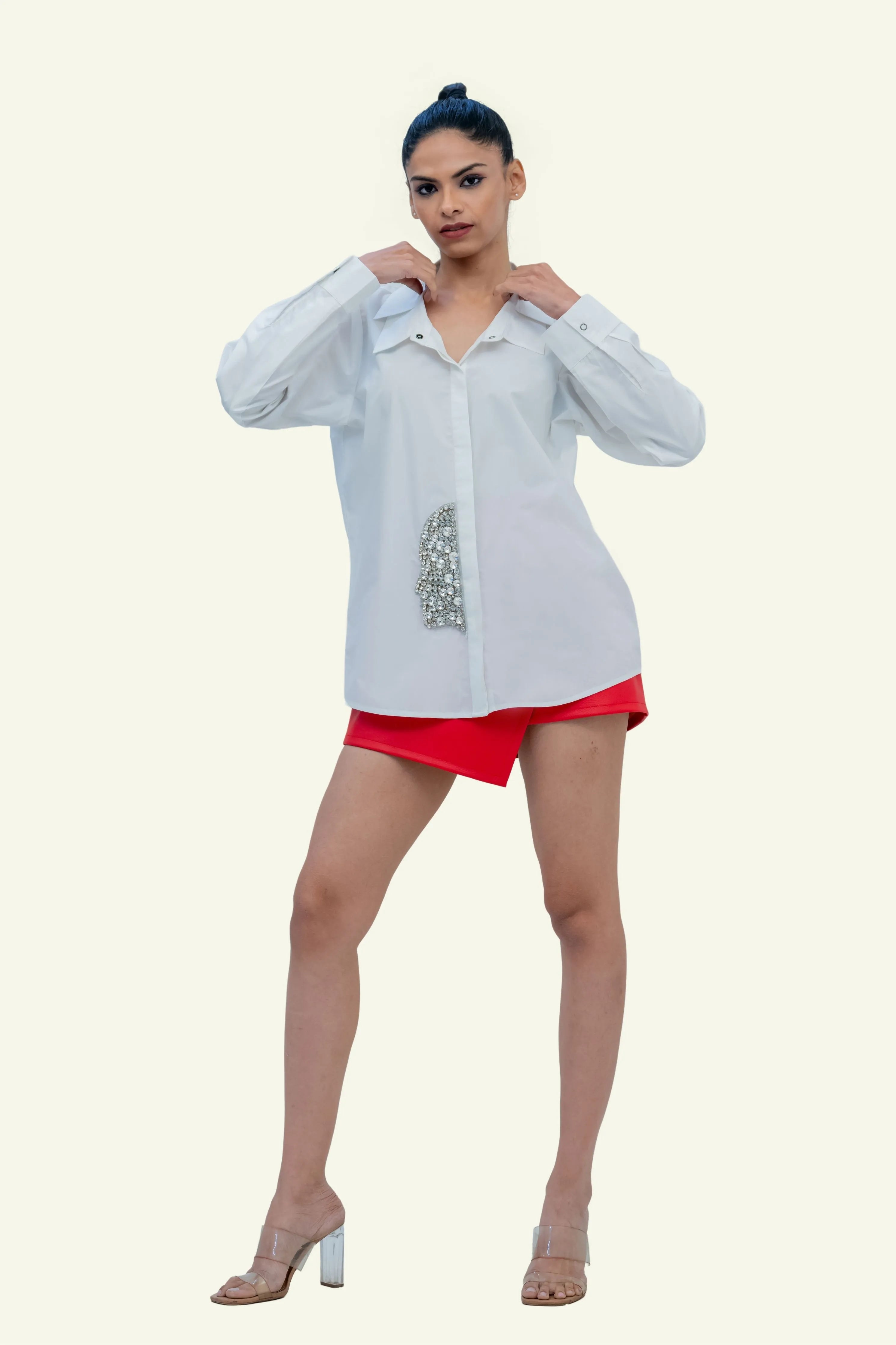 White Cotton Shirt with Crystal Embroidery