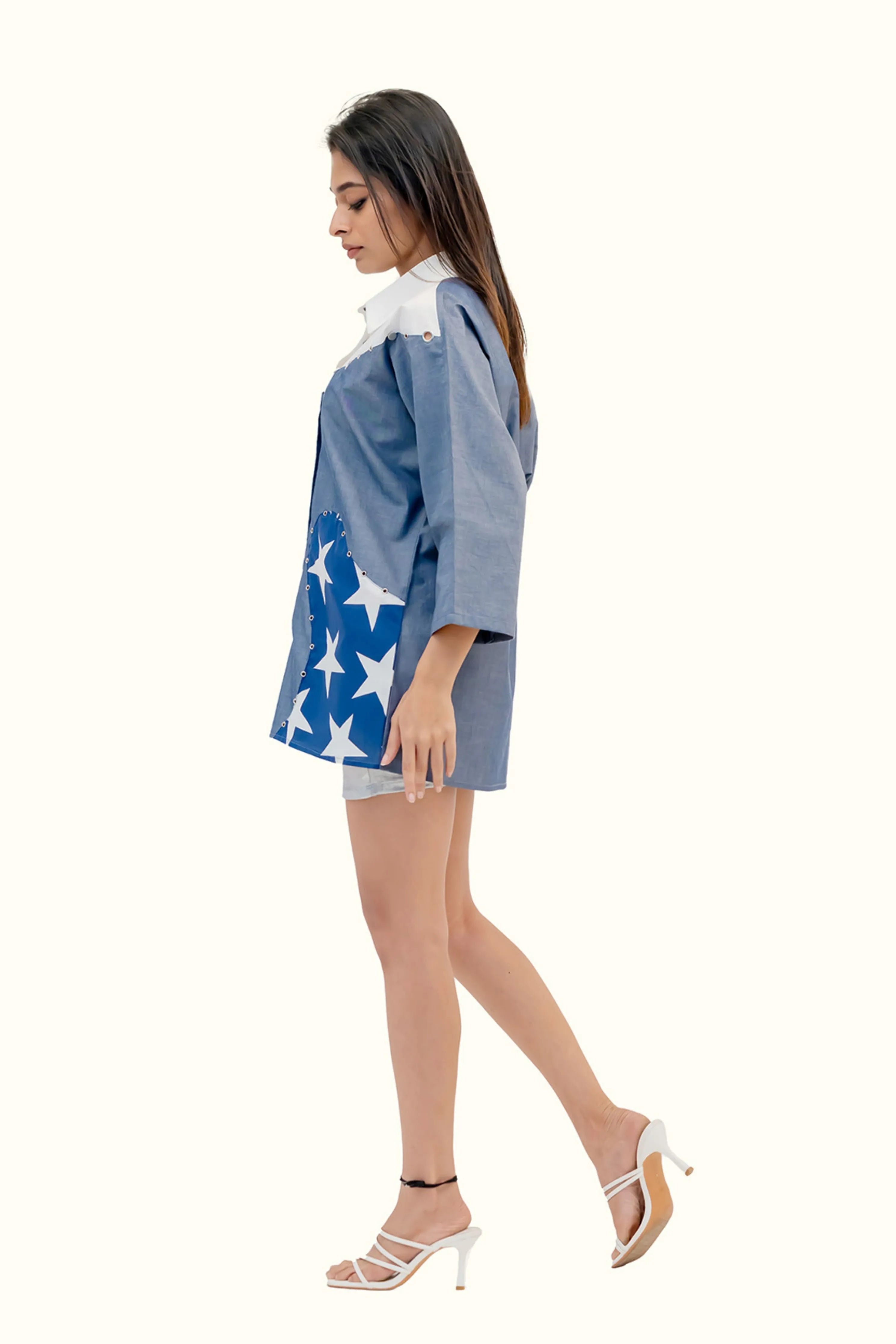 Cotton Combo Shirt with Stud Highlights