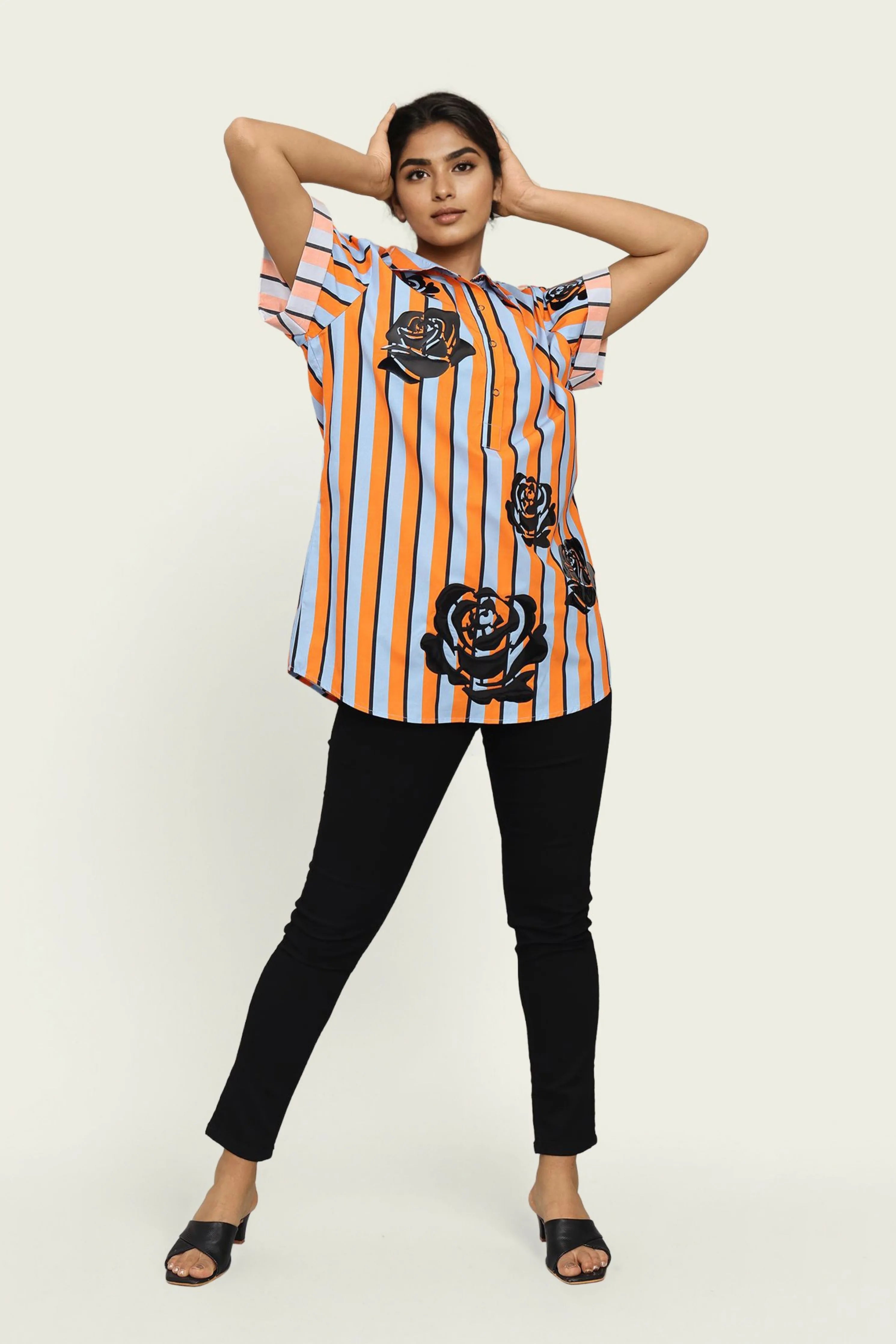 Orange and Blue Strip Cotton Shirt with Applique