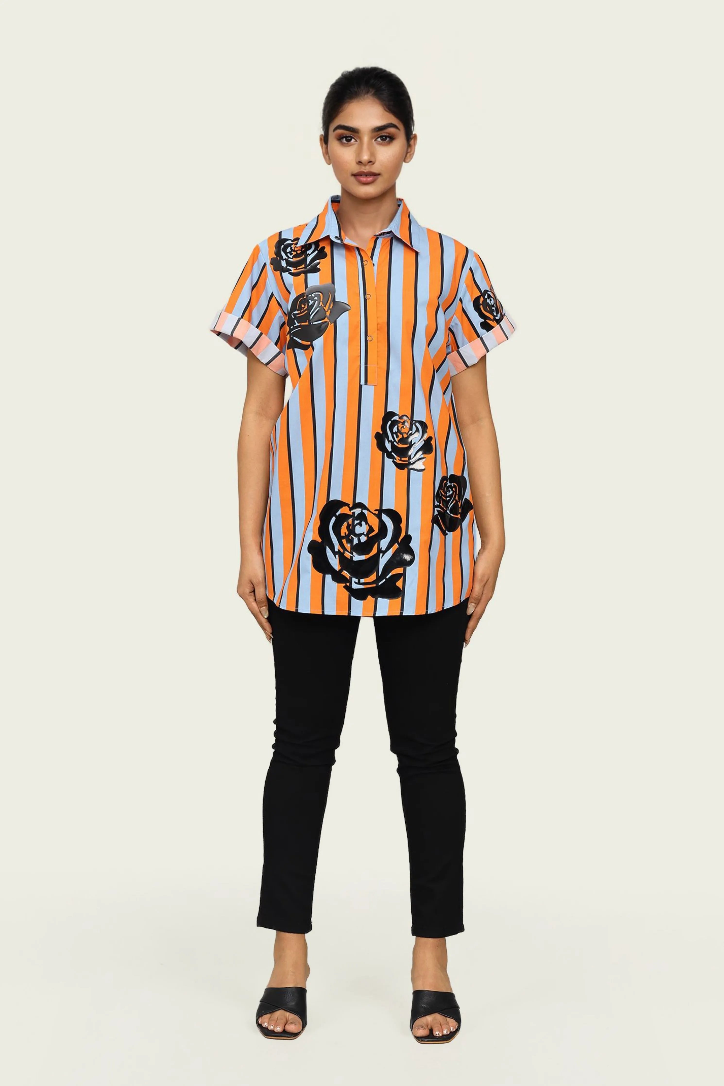 Orange and Blue Strip Cotton Shirt with Applique