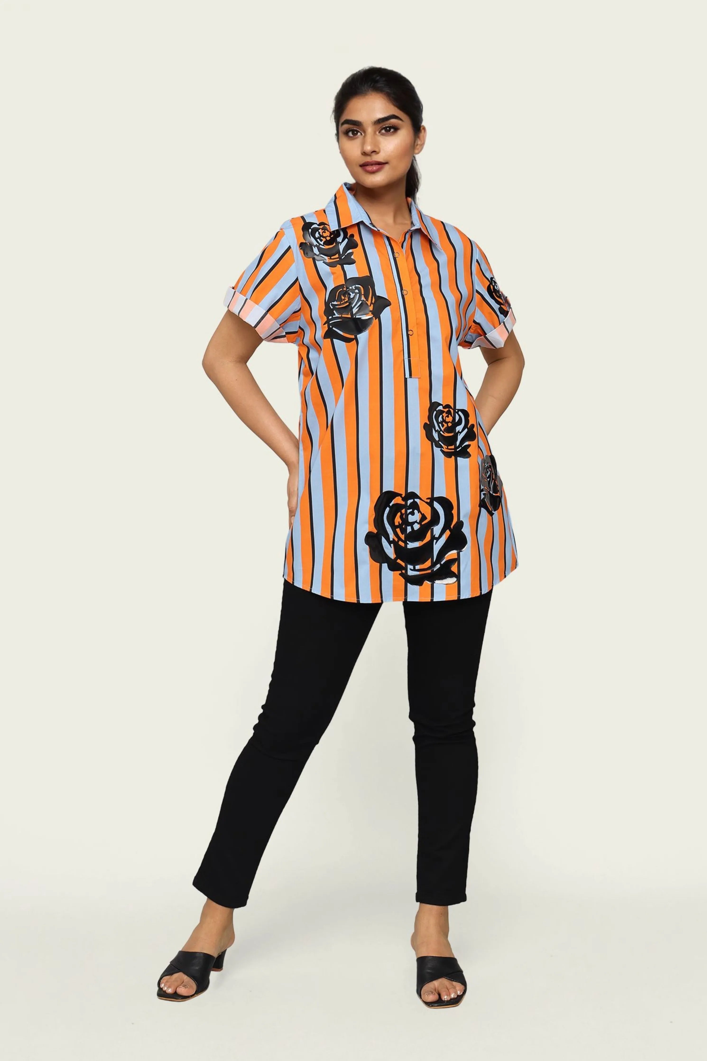 Orange and Blue Strip Cotton Shirt with Applique