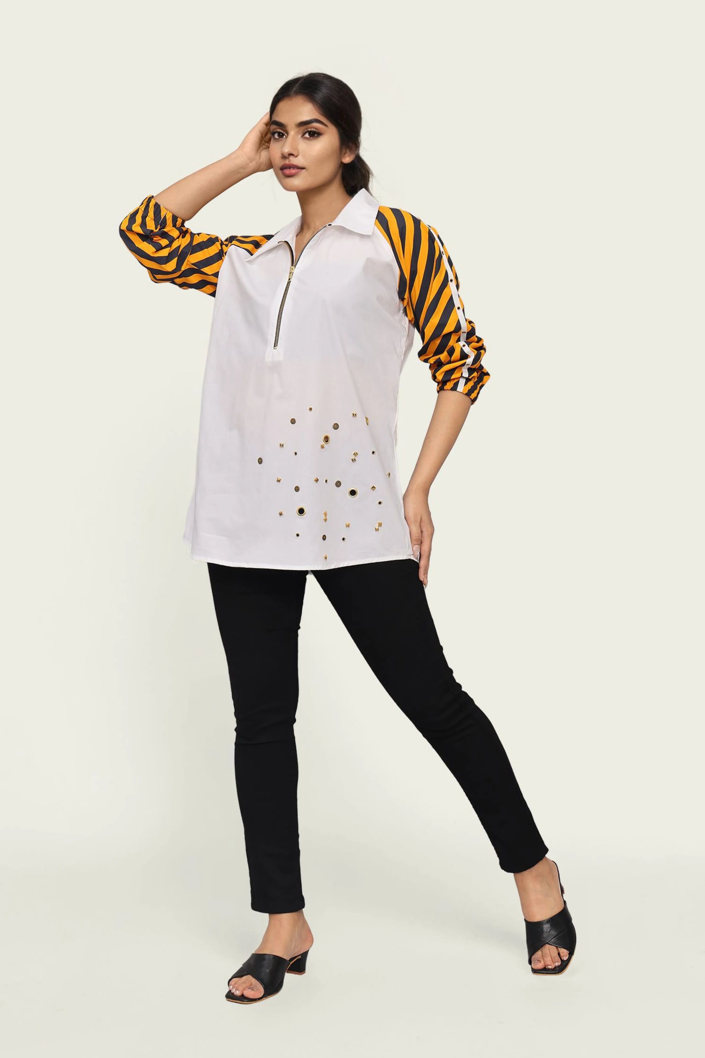 White Cotton Shirt with Contrast Sleeves and Embroidery