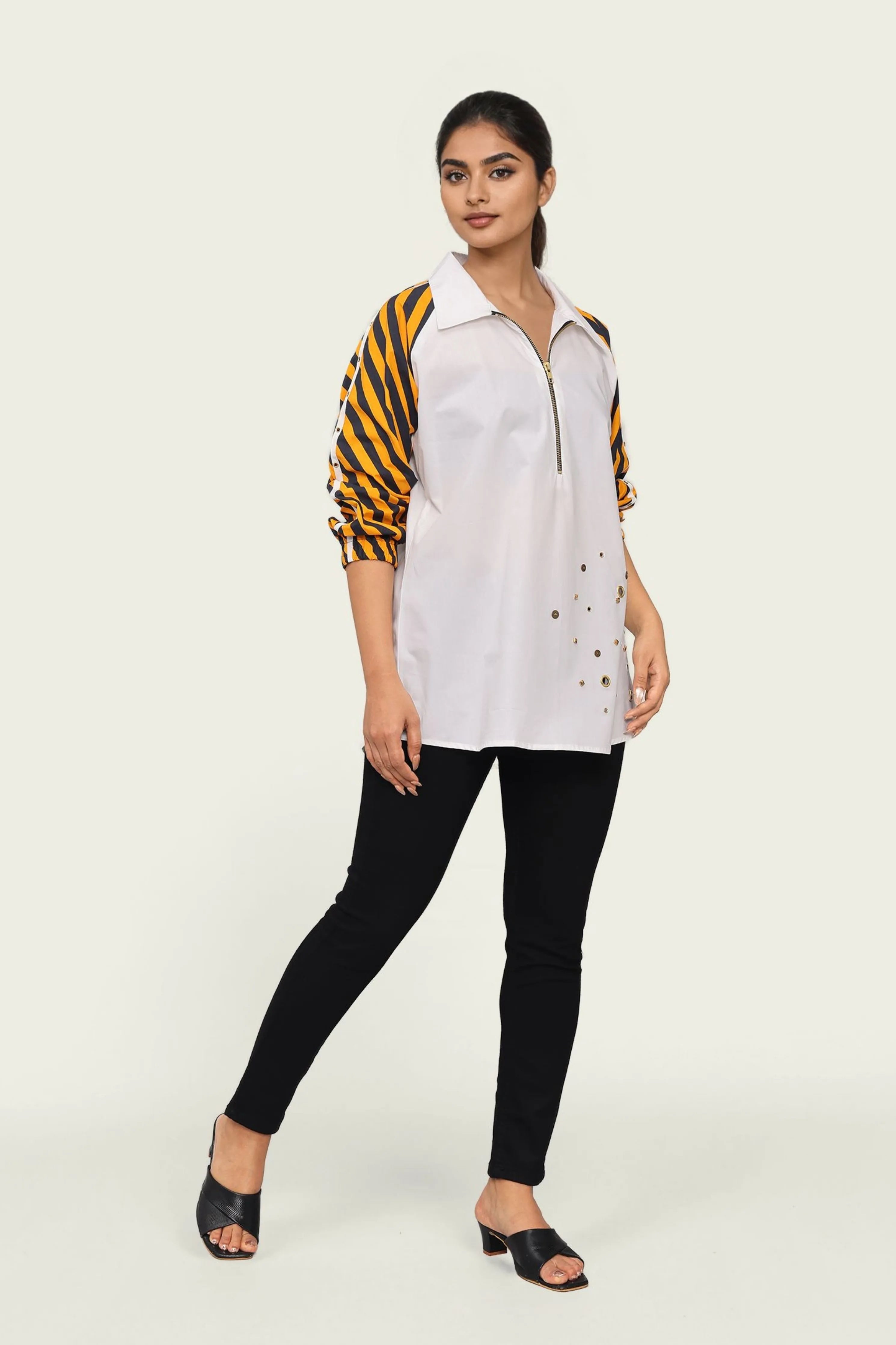 White Cotton Shirt with Contrast Sleeves and Embroidery