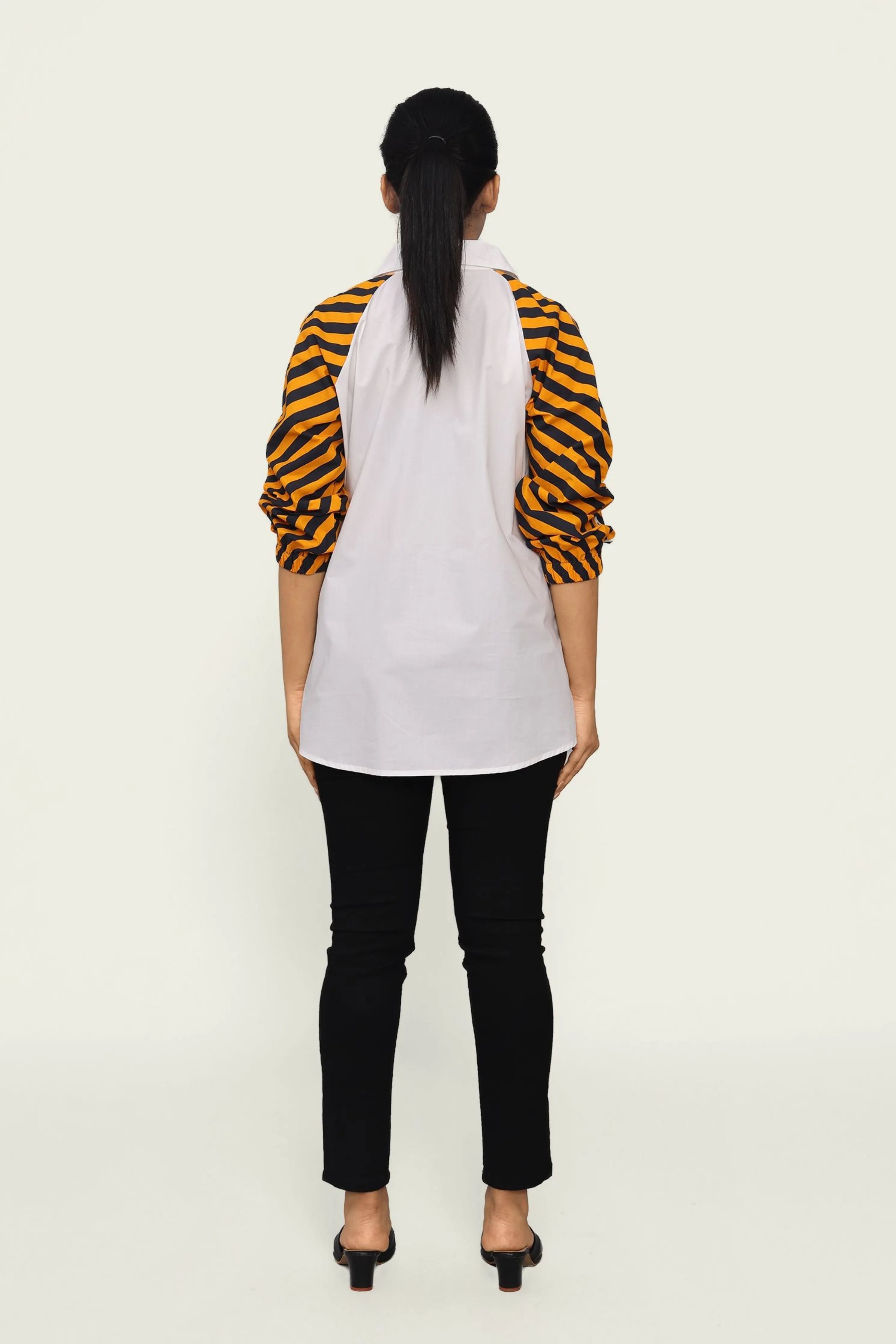 White Cotton Shirt with Contrast Sleeves and Embroidery