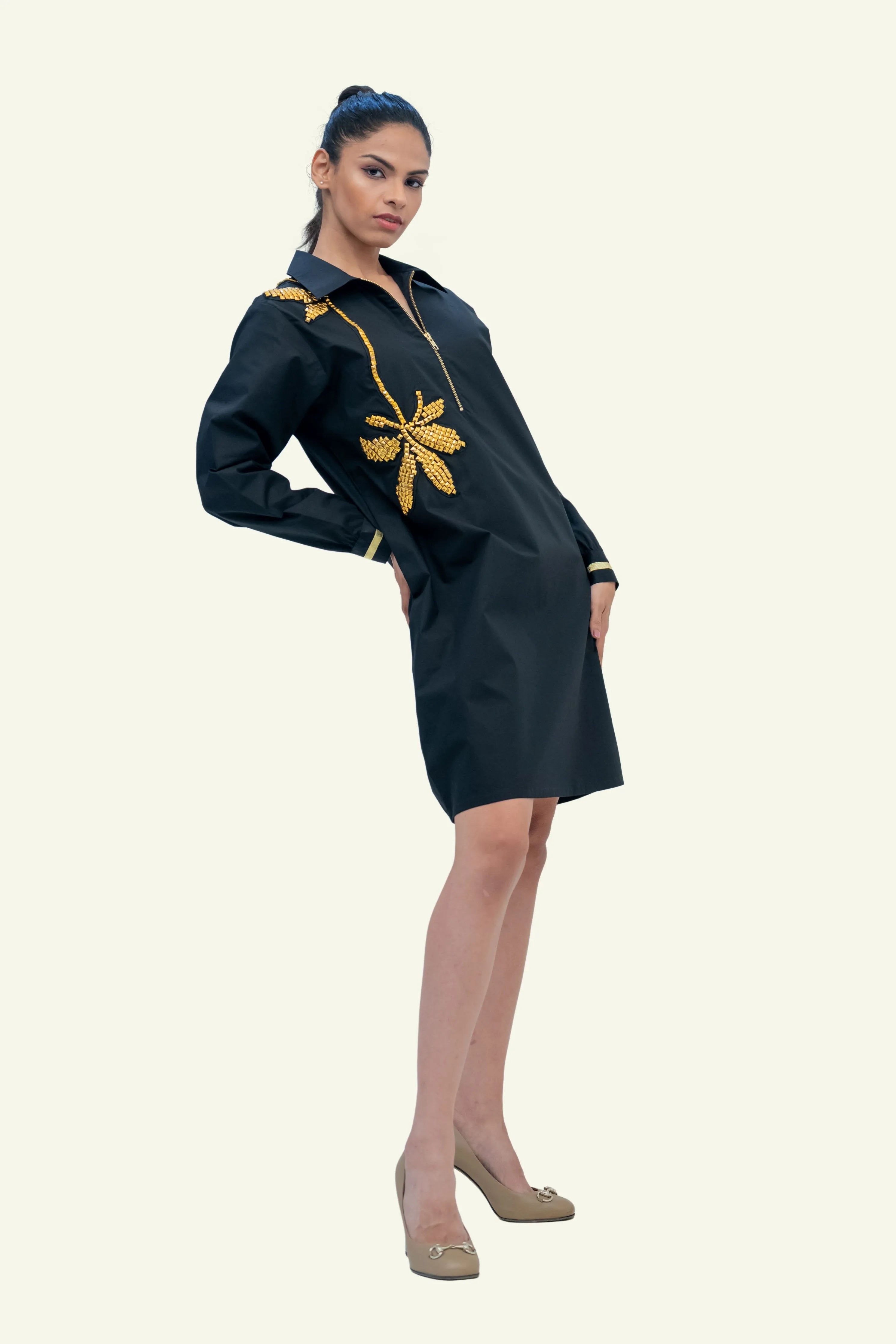 Black Cotton Dress with Stud Work