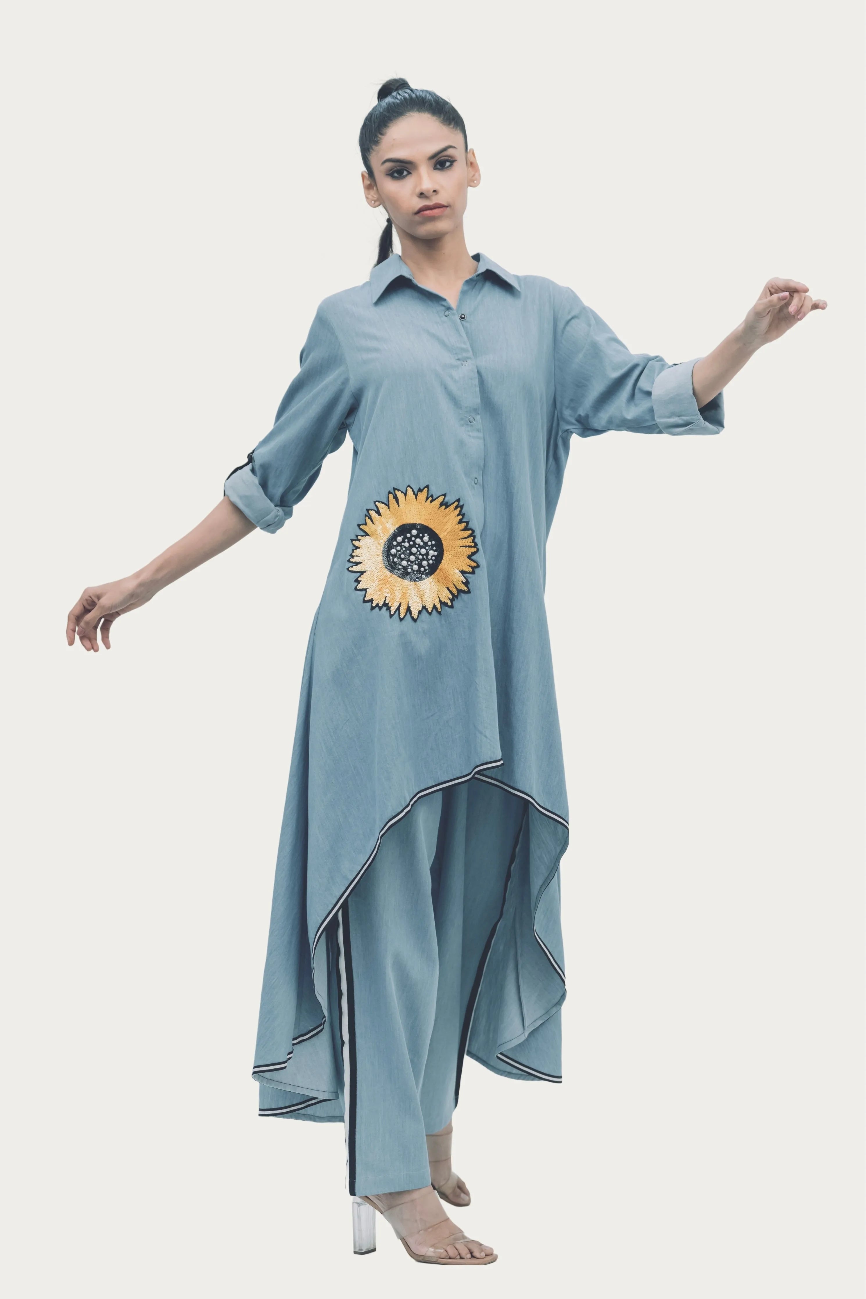 Blue Cotton Denim Tunic and Pants Co-ord Set with Embroidery