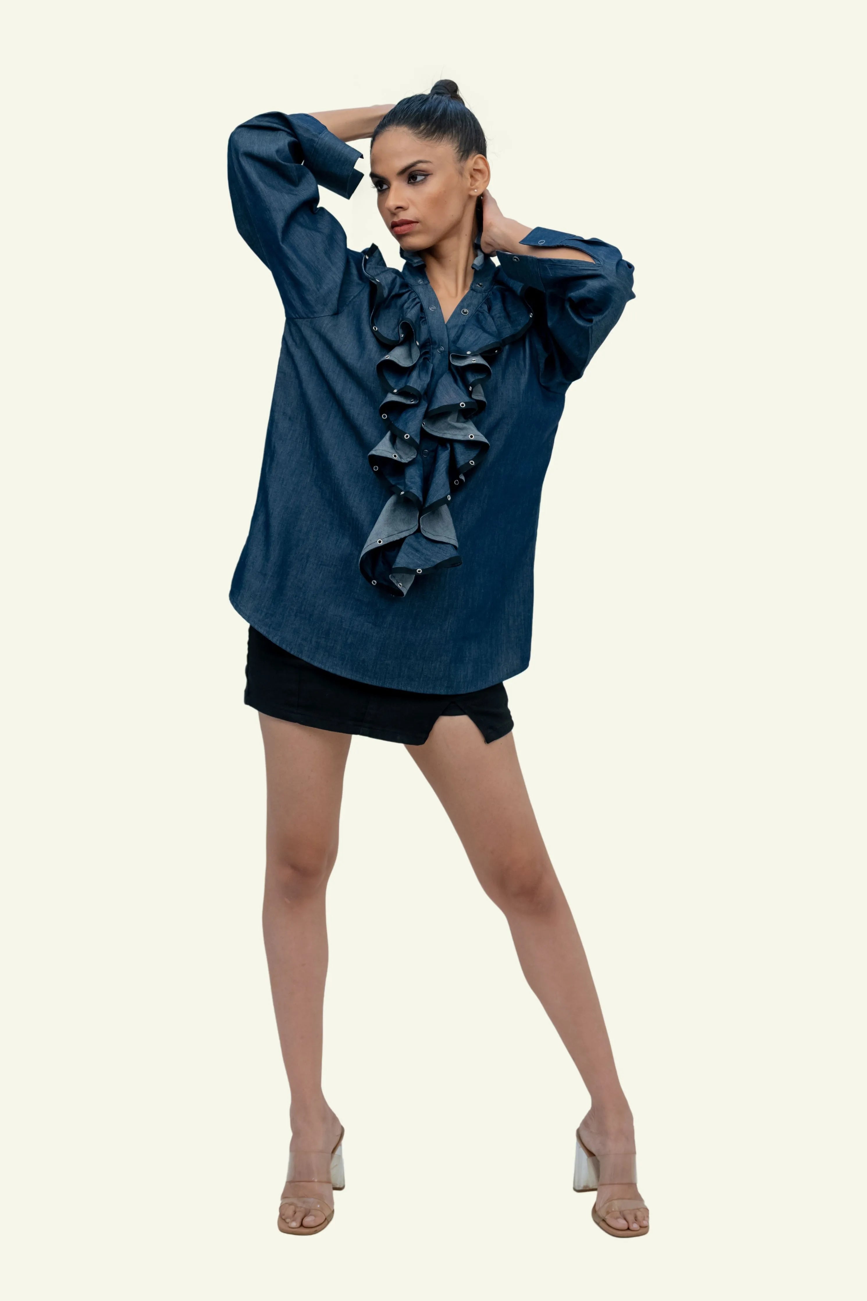 Blue Denim Cotton Shirt with Ruffles