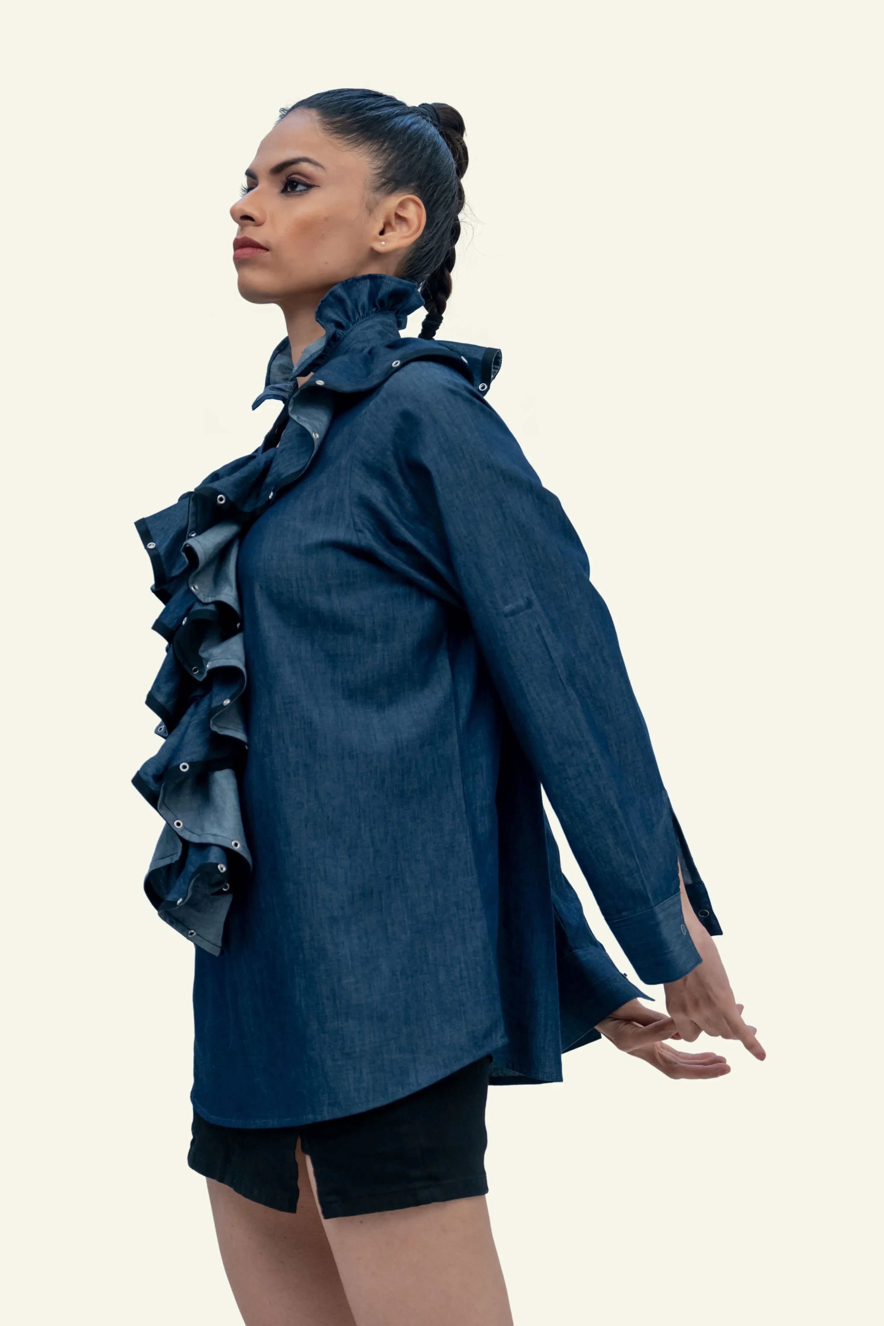 Blue Denim Cotton Shirt with Ruffles