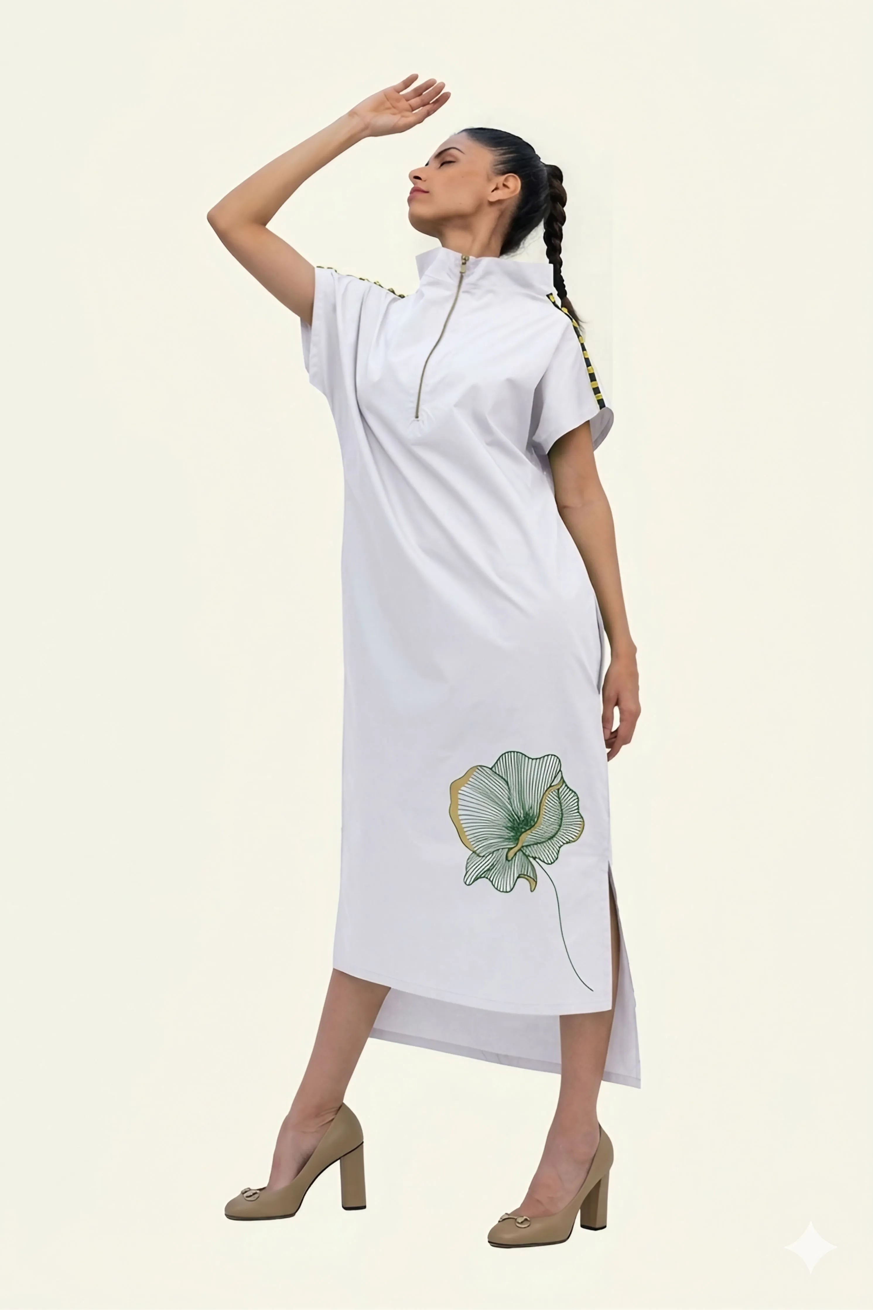 White Cotton Midi Dress with Print