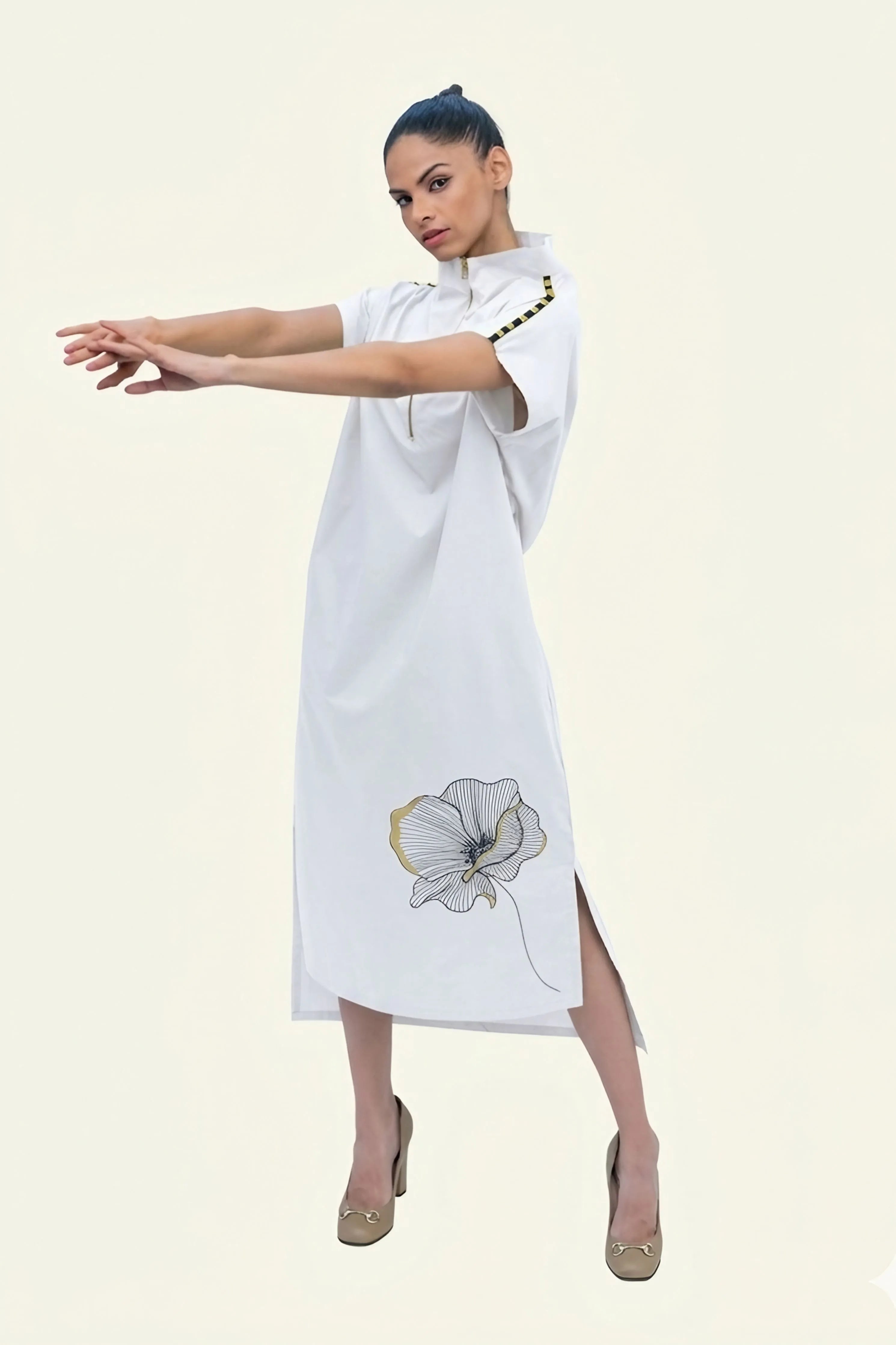White Cotton Midi Dress with Print