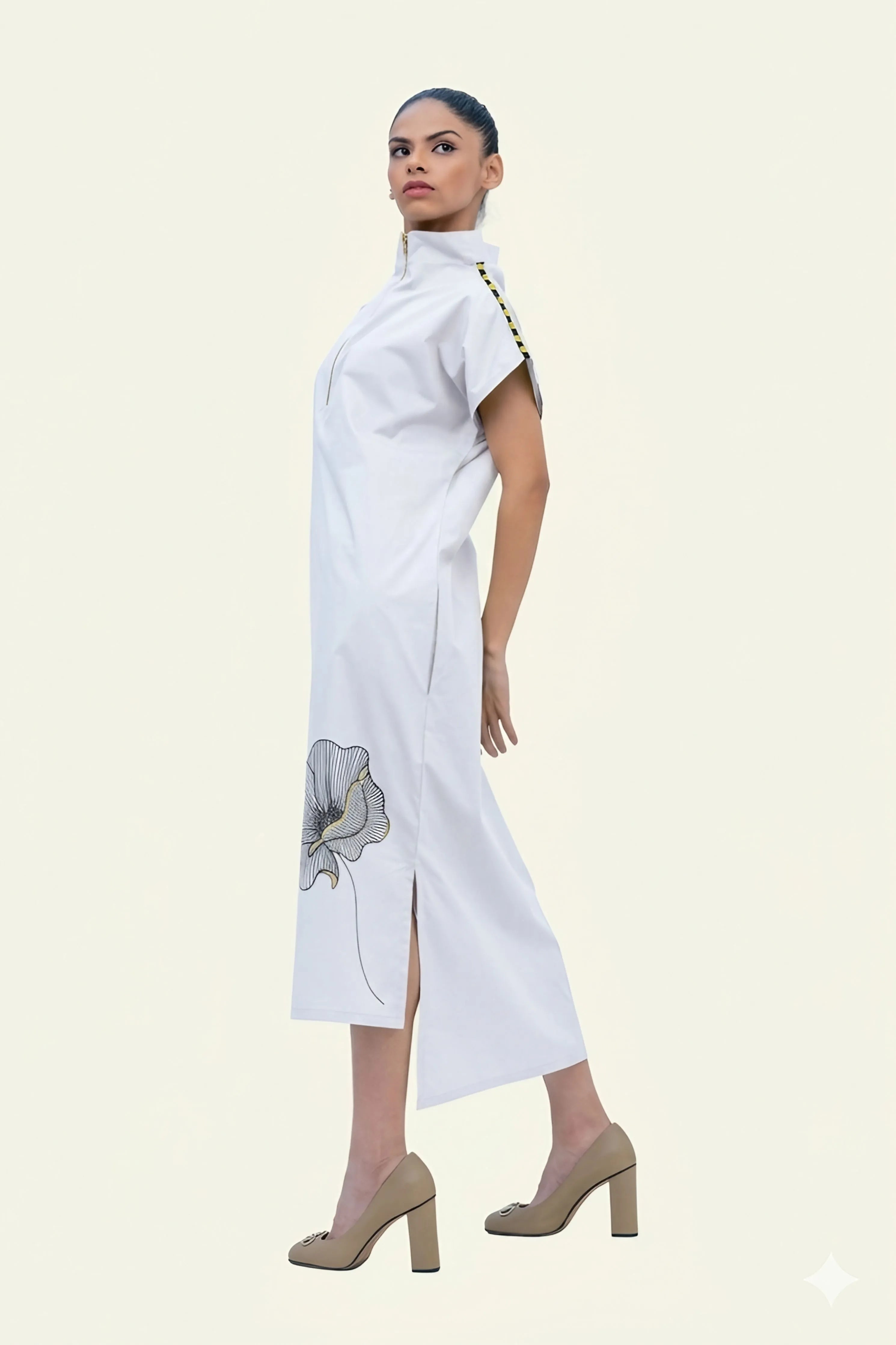 White Cotton Midi Dress with Print