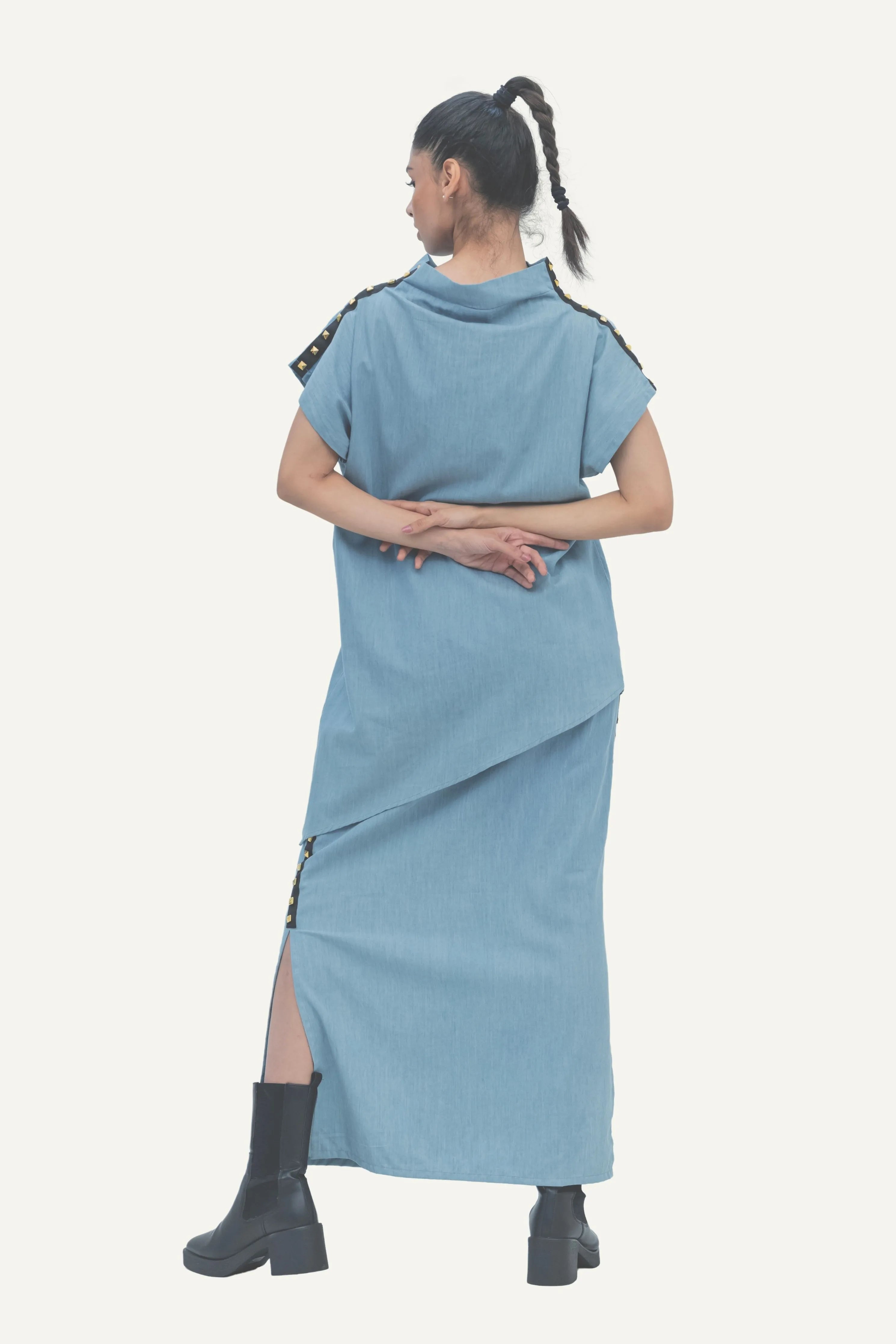 Blue Cotton Denim Top with Skirt Co-ord Set with Print